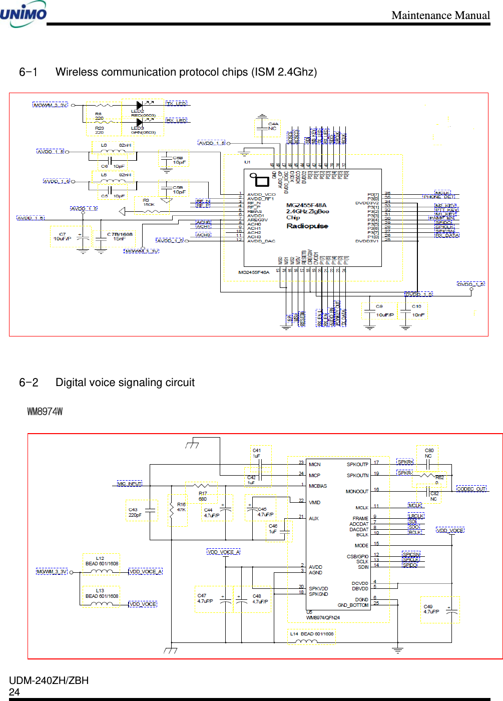 Maintenance Manual    UDM-240ZH/ZBH 24     6-1 Wireless communication protocol chips (ISM 2.4Ghz)    6-2 Digital voice signaling circuit WM8974W  