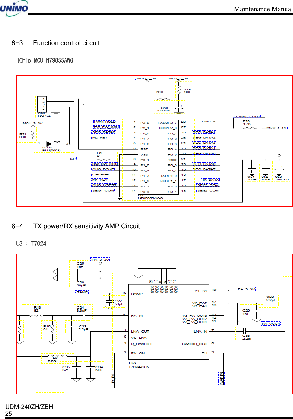 Maintenance Manual    UDM-240ZH/ZBH 25     6-3 Function control circuit 1Chip MCU N79855AWG  6-4 TX power/RX sensitivity AMP Circuit   U3 : T7024  