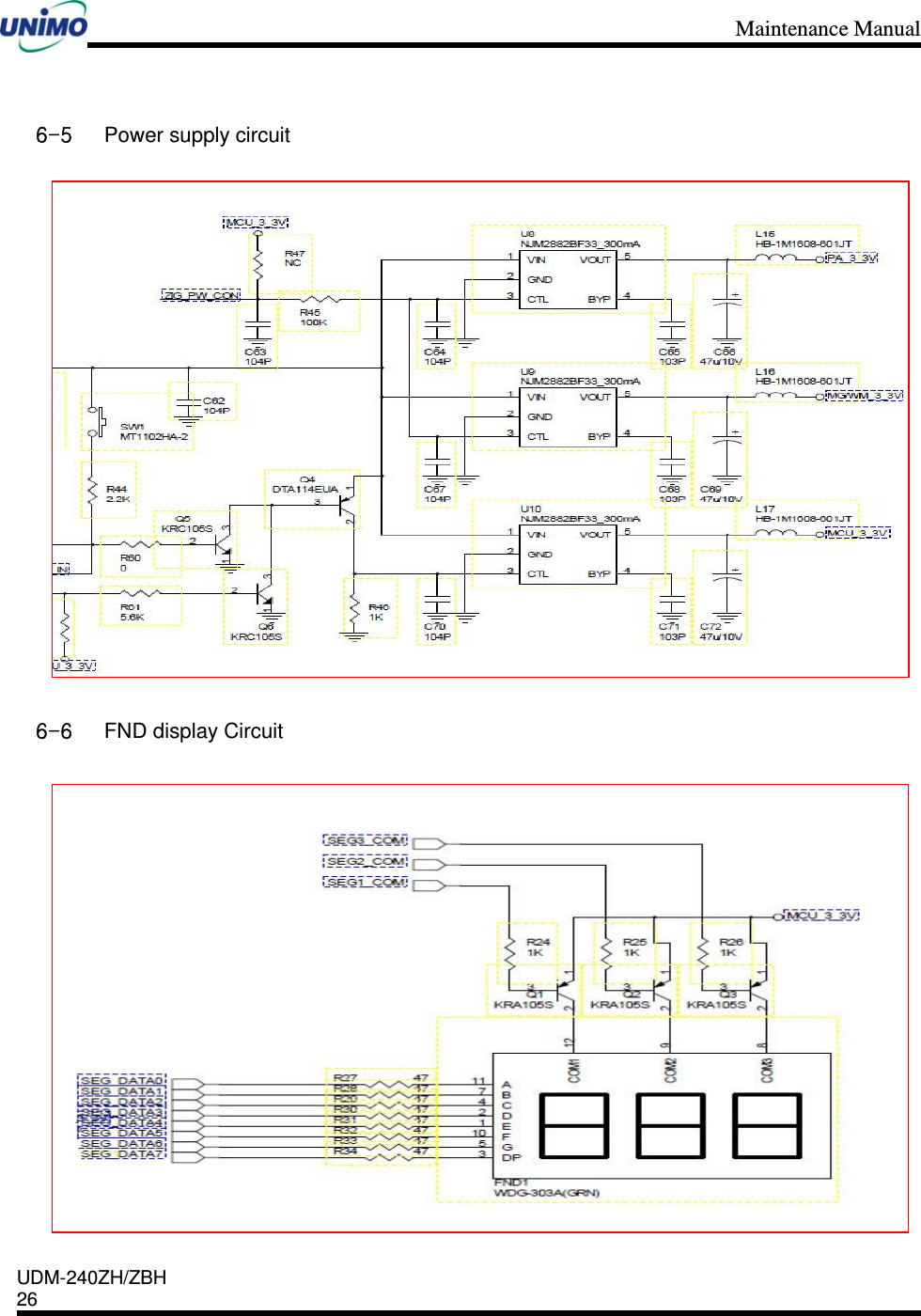 Maintenance Manual    UDM-240ZH/ZBH 26     6-5 Power supply circuit    6-6 FND display Circuit  