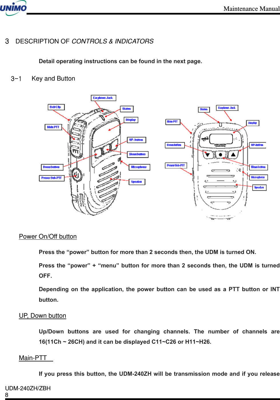 Maintenance Manual    UDM-240ZH/ZBH 8     3 DESCRIPTION OF CONTROLS &amp; INDICATORS Detail operating instructions can be found in the next page. 3-1 Key and Button          Power On/Off button Press the “power” button for more than 2 seconds then, the UDM is turned ON. Press the “power” + “menu” button for more than 2 seconds then, the UDM is turned OFF. Depending on the application, the power button can be used as a PTT button or INT button.  UP, Down button Up/Down buttons are used for changing channels. The number of channels are 16(11Ch ~ 26CH) and it can be displayed C11~C26 or H11~H26.  Main-PTT   If you press this button, the UDM-240ZH will be transmission mode and if you release 