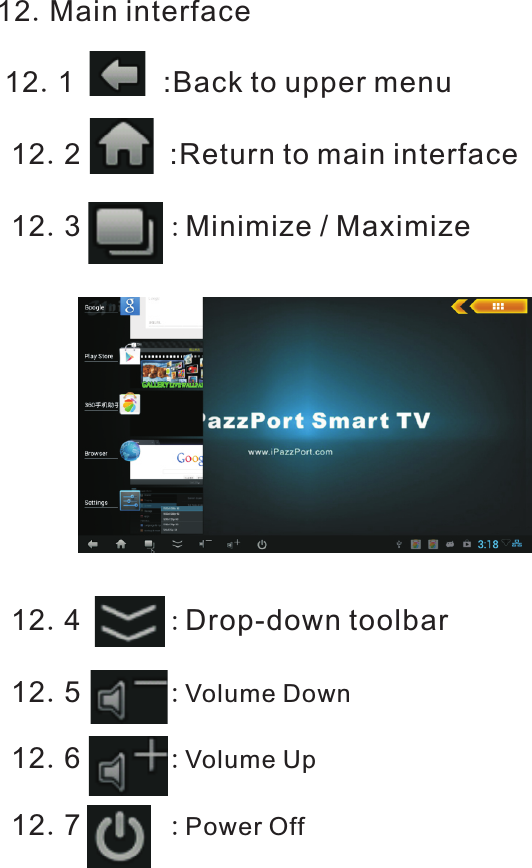 12.Main interface 12.1           :Back to upper menu 12.2           :Return to main interface 12.3      :Minimize / Maximize  12.4      :Drop-down toolbar 12.5      :Volume Down  12.6      :Volume Up  12.7      :   Power Off