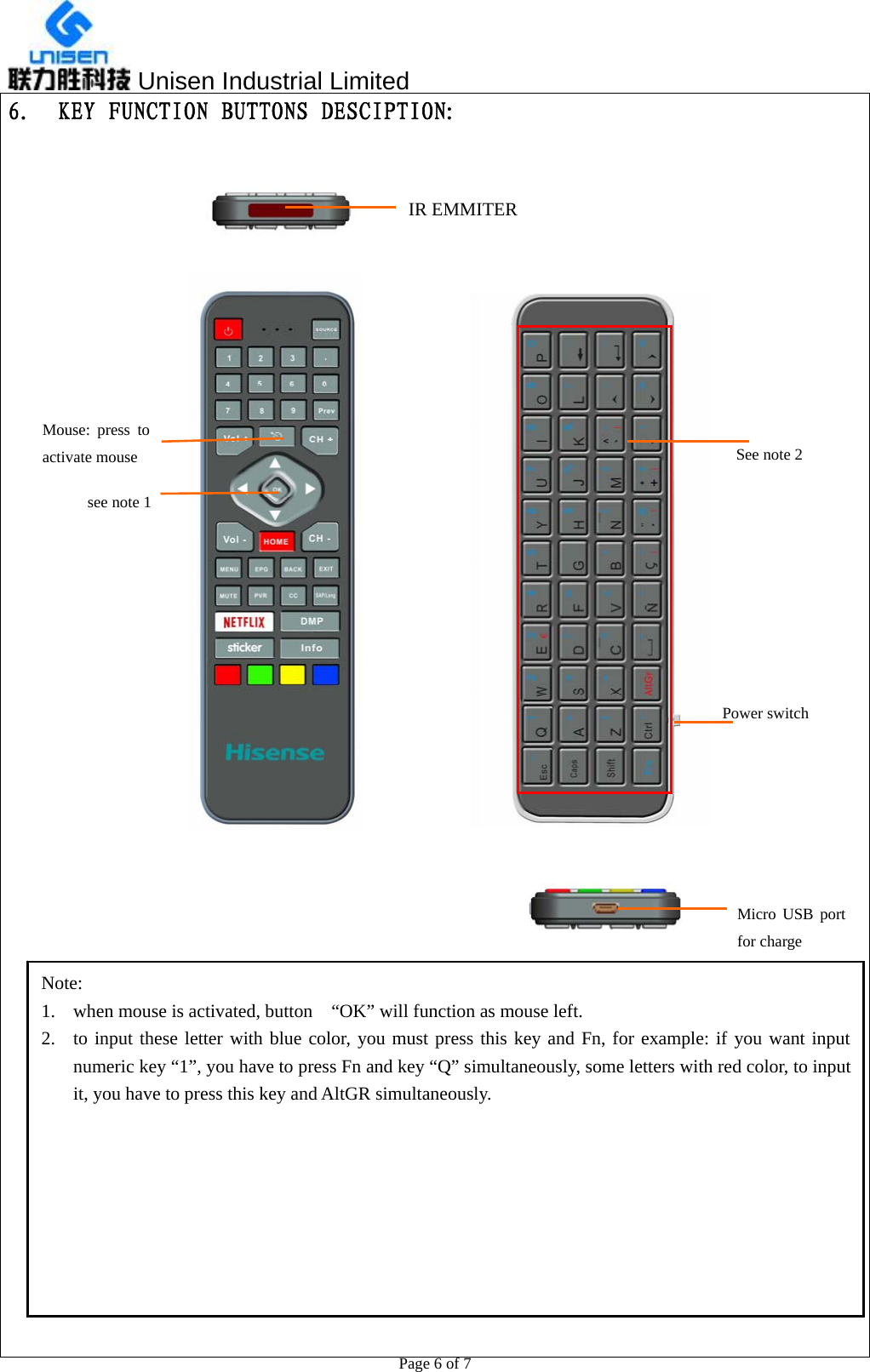  Unisen Industrial Limited                                                  Page 6 of 7 6. KEY FUNCTION BUTTONS DESCIPTION:              see note 1                                IR EMMITERMouse: press to activate mouse   Power switch Note:  1. when mouse is activated, button    “OK” will function as mouse left. 2. to input these letter with blue color, you must press this key and Fn, for example: if you want input numeric key “1”, you have to press Fn and key “Q” simultaneously, some letters with red color, to input it, you have to press this key and AltGR simultaneously.   Micro USB port for charge See note 2 