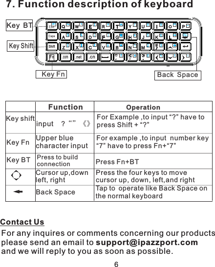 7. Function description of keyboardFn.net.cnShiftBT`.comKey Shift Key BT6Contact Us For any inquires or comments concerning our productsplease send an email to support@ipazzport.com  and we will reply to you as soon as possible.=&quot;Key Fn Back Space Press Fn+BTCursor up,downleft, rightFunction OperationBack SpaceTap to operate like Back Space onthe normal keyboard Key FnKey BTPress the four keys to move cursor up, down, left,and rightFor example ,to input  number key“7” have to press Fn+“7”  For Example ,to input “?”press Shift + “?”     have to Key shiftPress to build connection Upper blue character input   《》 input    ?“”