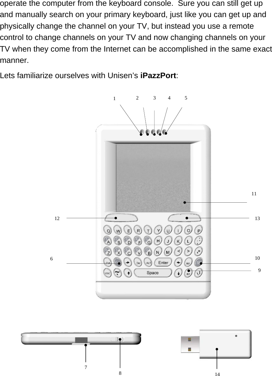 operate the computer from the keyboard console.  Sure you can still get up and manually search on your primary keyboard, just like you can get up and physically change the channel on your TV, but instead you use a remote control to change channels on your TV and now changing channels on your TV when they come from the Internet can be accomplished in the same exact manner. Lets familiarize ourselves with Unisen’s iPazzPort:                                          2 3 5 4 1 11 1 12 1  13 9 10 6 1                14 1  8 1 7