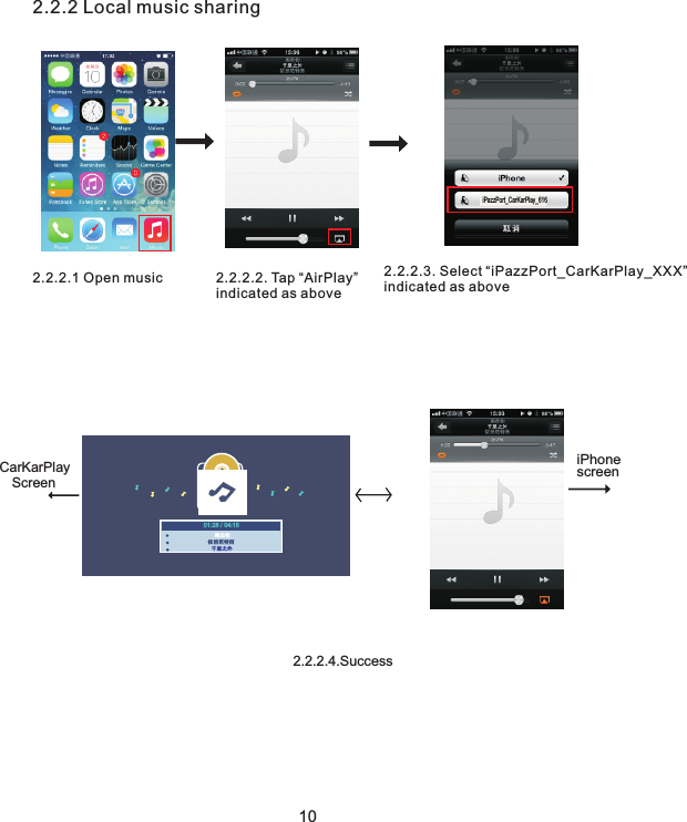 iPazzPort_CarKarPlay_6162.2.2.4.Success iPhone screen01:28 / 04:15周杰伦依然范特西千里之外CarKarPlayScreen2.2.2.1 Open music 2.2.2.2. Tap “AirPlay” indicated as above2.2.2.3. Select “iPazzPort_CarKarPlay_XXX”indicated as above2.2.2 Local music sharing10