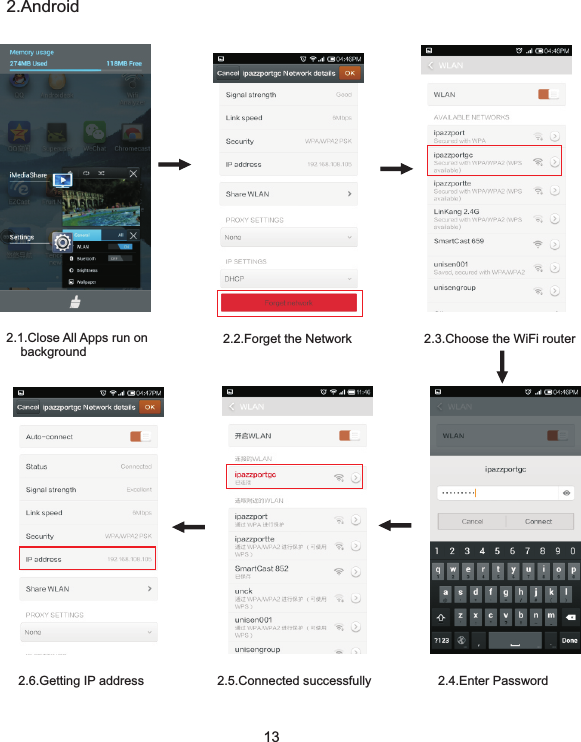 132.Android2.2.Forget the Network 2.3.Choose the WiFi router2.4.Enter Password2.5.Connected successfully2.6.Getting IP address2.1.Close All Apps run on     background