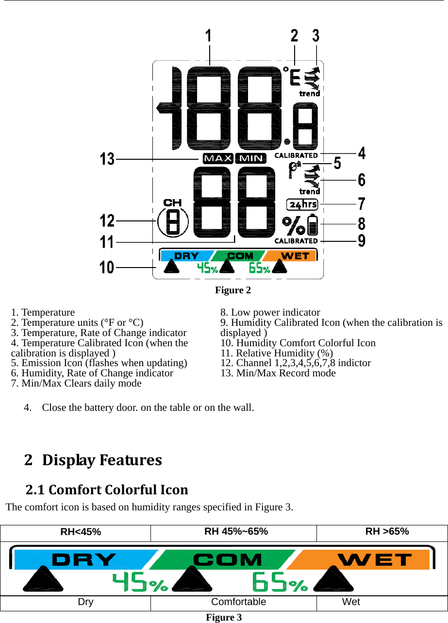   Figure 2   1. Temperature 2. Temperature units (&deg;F or &deg;C) 3. Temperature, Rate of Change indicator 4. Temperature Calibrated Icon (when the calibration is displayed ) 5. Emission Icon (flashes when updating) 6. Humidity, Rate of Change indicator 7. Min/Max Clears daily mode 8. Low power indicator 9. Humidity Calibrated Icon (when the calibration is displayed ) 10. Humidity Comfort Colorful Icon 11. Relative Humidity (%) 12. Channel 1,2,3,4,5,6,7,8 indictor 13. Min/Max Record mode   4. Close the battery door. on the table or on the wall.   2 DisplayFeatures2.1ComfortColorfulIconThe comfort icon is based on humidity ranges specified in Figure 3.    RH<45%  RH 45%~65%  RH >65%  Dry  Comfortable  Wet Figure 3 