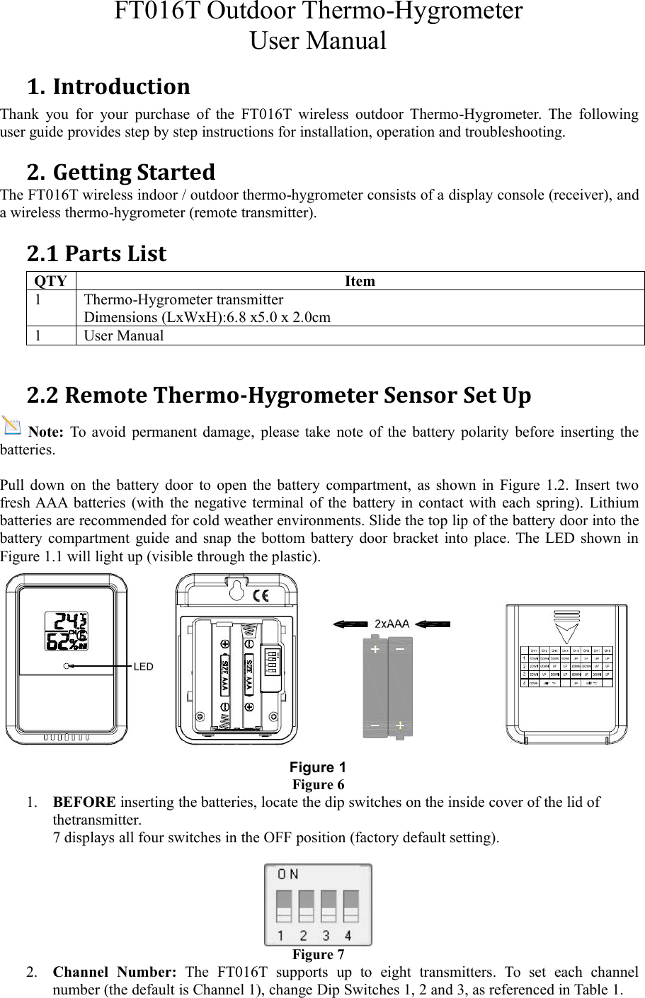 FT016T Outdoor Thermo-HygrometerUser Manual1. IntroductionThank you for your purchase of the FT016T wireless outdoor Thermo-Hygrometer. The followinguser guide provides step by step instructions for installation, operation and troubleshooting.2. Getting StartedThe FT016T wireless indoor / outdoor thermo-hygrometer consists of a display console (receiver), anda wireless thermo-hygrometer (remote transmitter).2.1 Parts ListQTYItem1Thermo-Hygrometer transmitterDimensions (LxWxH):6.8 x5.0 x 2.0cm1User Manual2.2 Remote Thermo-Hygrometer Sensor Set UpNote: To avoid permanent damage, please take note of the battery polarity before inserting thebatteries.Pull down on the battery door to open the battery compartment, as shown in Figure 1.2. Insert twofresh AAA batteries (with the negative terminal of the battery in contact with each spring). Lithiumbatteries are recommended for cold weather environments. Slide the top lip of the battery door into thebattery compartment guide and snap the bottom battery door bracket into place. The LED shown inFigure 1.1 will light up (visible through the plastic).Figure 1Figure 61. BEFORE inserting the batteries, locate the dip switches on the inside cover of the lid ofthetransmitter.7 displays all four switches in the OFF position (factory default setting).Figure 72. Channel Number: The FT016T supports up to eight transmitters. To set each channelnumber (the default is Channel 1), change Dip Switches 1, 2 and 3, as referenced in Table 1.