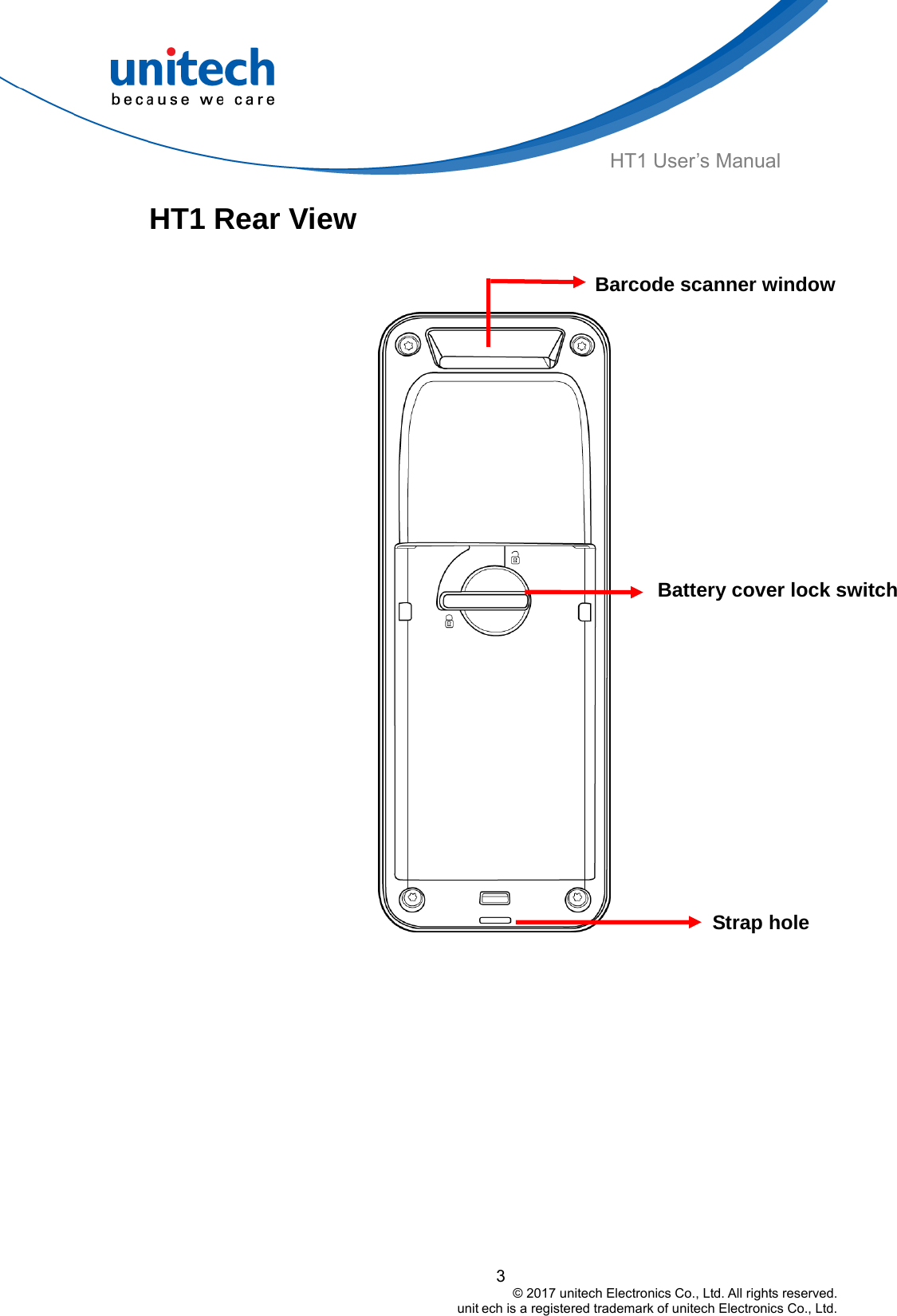  HT1 User’s Manual HT1 Rear View  3                                         © 2017 unitech Electronics Co., Ltd. All rights reserved.                                                        unit ech is a registered trademark of unitech Electronics Co., Ltd.                 Barcode scanner window Battery cover lock switchStrap hole     