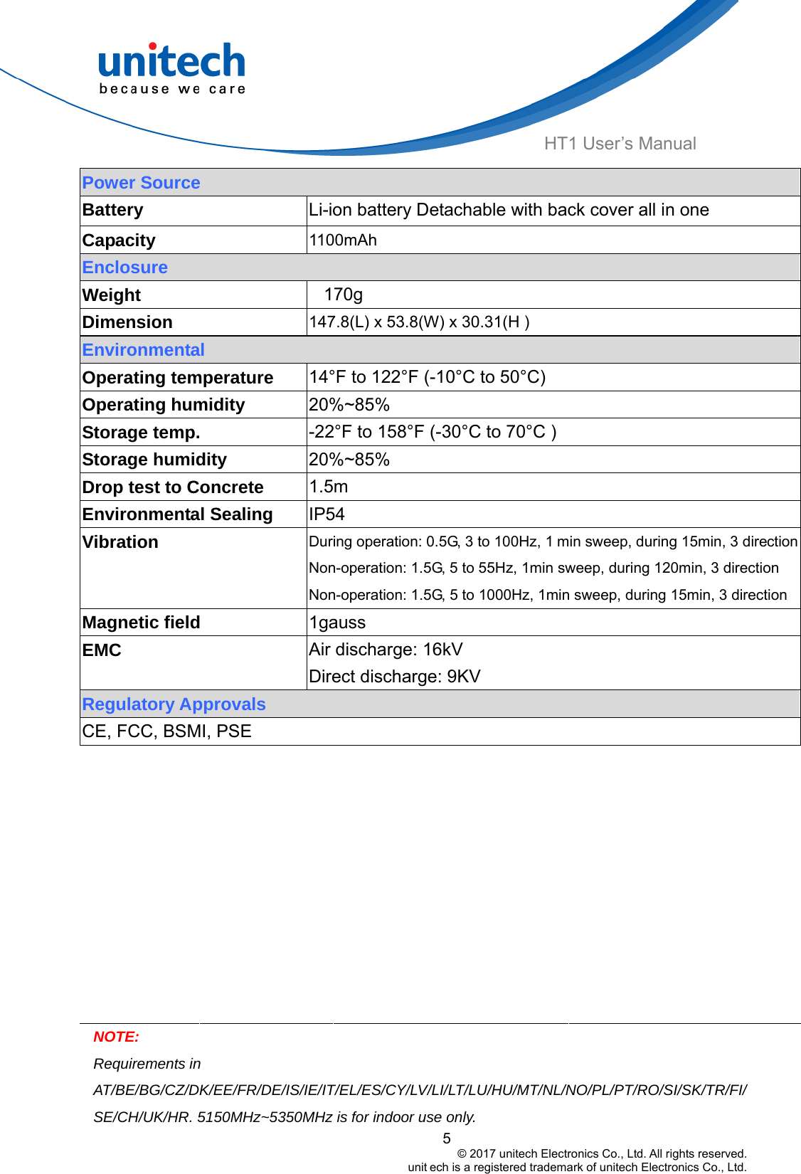  5                                         © 2017 unitech Electronics Co., Ltd. All rights reserved.                                                        unit ech is a registered trademark of unitech Electronics Co., Ltd. HT1 User’s Manual Power Source Battery  Li-ion battery Detachable with back cover all in one Capacity  1100mAh Enclosure Weight  170g  Dimension  147.8(L) x 53.8(W) x 30.31(H ) Environmental   Operating temperature  14°F to 122°F (-10°C to 50°C) Operating humidity  20%~85% Storage temp.  -22°F to 158°F (-30°C to 70°C ) Storage humidity  20%~85% Drop test to Concrete  1.5m  Environmental Sealing  IP54 Vibration  During operation: 0.5G, 3 to 100Hz, 1 min sweep, during 15min, 3 directionNon-operation: 1.5G, 5 to 55Hz, 1min sweep, during 120min, 3 direction Non-operation: 1.5G, 5 to 1000Hz, 1min sweep, during 15min, 3 directionMagnetic field  1gauss EMC  Air discharge: 16kV Direct discharge: 9KV Regulatory Approvals CE, FCC, BSMI, PSE NOTE:  Requirements in AT/BE/BG/CZ/DK/EE/FR/DE/IS/IE/IT/EL/ES/CY/LV/LI/LT/LU/HU/MT/NL/NO/PL/PT/RO/SI/SK/TR/FI/SE/CH/UK/HR. 5150MHz~5350MHz is for indoor use only. 