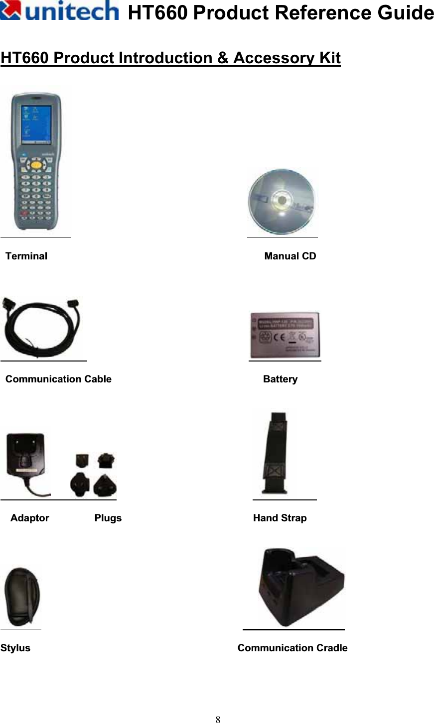 HT660 Product Reference Guide8HT660 Product Introduction &amp; Accessory Kit                                   Terminal                                           Manual CD                                 Communication Cable                              Battery                                                           Adaptor         Plugs                          Hand Strap                                            Stylus                                         Communication Cradle 