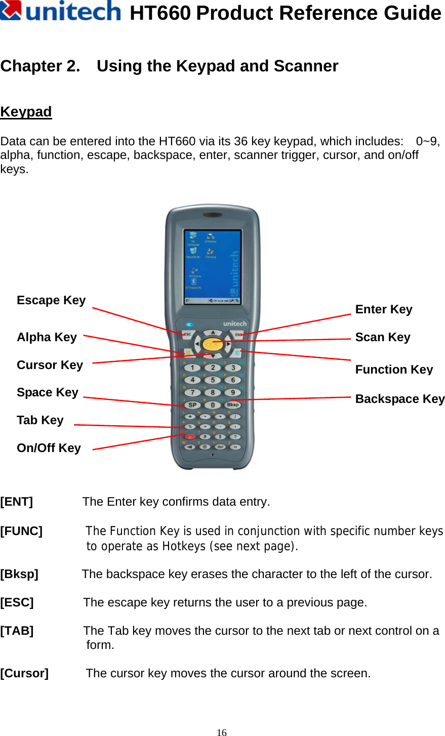   HT660 Product Reference Guide   16 Chapter 2.    Using the Keypad and Scanner   Keypad  Data can be entered into the HT660 via its 36 key keypad, which includes:    0~9, alpha, function, escape, backspace, enter, scanner trigger, cursor, and on/off keys.            [ENT]        The Enter key confirms data entry.  [FUNC]       The Function Key is used in conjunction with specific number keys to operate as Hotkeys (see next page).   [Bksp]       The backspace key erases the character to the left of the cursor.  [ESC]        The escape key returns the user to a previous page.   [TAB]        The Tab key moves the cursor to the next tab or next control on a form.   [Cursor]      The cursor key moves the cursor around the screen.  Enter Key  Function KeyEscape Key Alpha Key Space Key  Backspace Key On/Off Key Cursor Key Scan Key Tab Key 