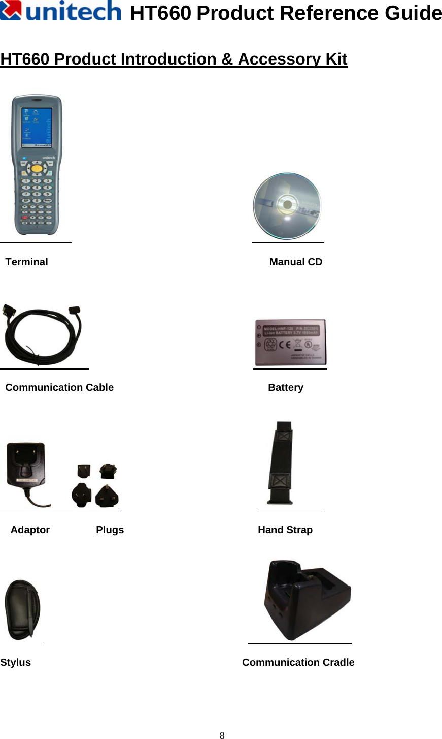   HT660 Product Reference Guide   8 HT660 Product Introduction &amp; Accessory Kit                                        Terminal                                           Manual CD                                        Communication Cable                              Battery                                                                  Adaptor         Plugs                          Hand Strap                                                 Stylus                                         Communication Cradle    