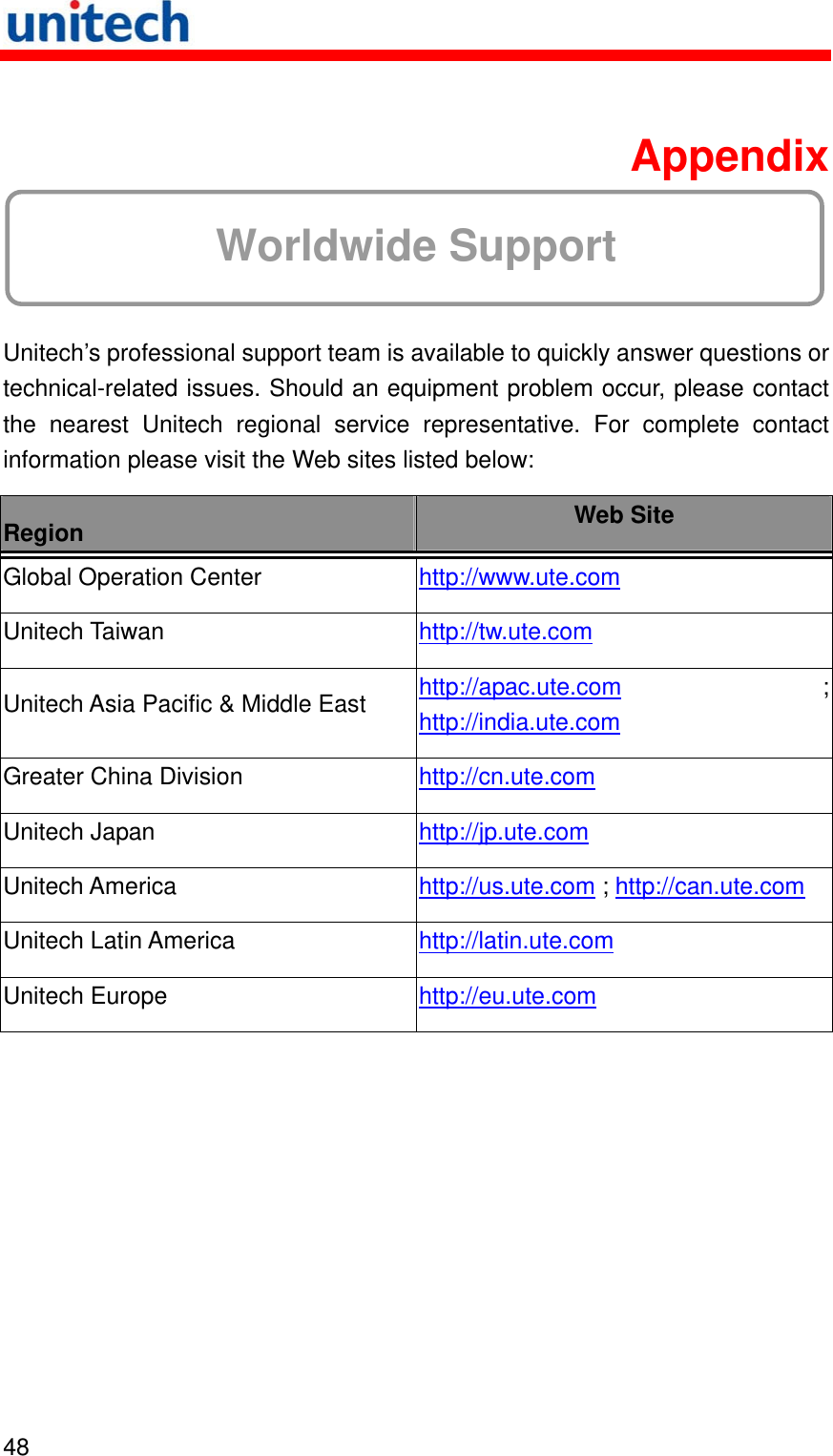   48   Appendix  Worldwide Support  Unitech’s professional support team is available to quickly answer questions or technical-related issues. Should an equipment problem occur, please contact the nearest Unitech regional service representative. For complete contact information please visit the Web sites listed below: Region  Web Site Global Operation Center  http://www.ute.com  Unitech Taiwan  http://tw.ute.com  Unitech Asia Pacific &amp; Middle East  http://apac.ute.com ; http://india.ute.com  Greater China Division  http://cn.ute.com  Unitech Japan  http://jp.ute.com  Unitech America  http://us.ute.com ; http://can.ute.com Unitech Latin America  http://latin.ute.com  Unitech Europe  http://eu.ute.com   