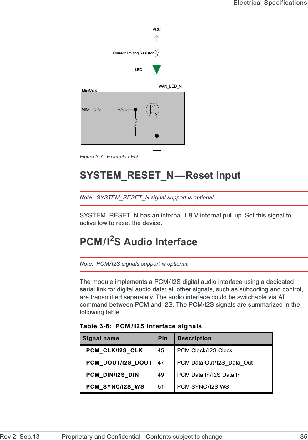 Electrical SpecificationsRev 2  Sep.13 Proprietary and Confidential - Contents subject to change 35Figure 3-7: Example LEDSYSTEM_RESET_N—Reset InputNote: SYSTEM_RESET_N signal support is optional.7=78)1C6)7)8C2LEWERMRXIVREP:MRXIVREPTYPPYT7IXXLMWWMKREPXSEGXMZIPS[XSVIWIXXLIHIZMGIPCM/I2S Audio InterfaceNote: PCM/I2S signals support is optional.8LIQSHYPIMQTPIQIRXWE4&apos;1-7HMKMXEPEYHMSMRXIVJEGIYWMRKEHIHMGEXIHWIVMEPPMROJSVHMKMXEPEYHMSHEXEEPPSXLIVWMKREPWWYGLEWWYFGSHMRKERHGSRXVSPEVIXVERWQMXXIHWITEVEXIP]8LIEYHMSMRXIVJEGIGSYPHFIW[MXGLEFPIZME%8GSQQERHFIX[IIR4&apos;1ERH-78LI4&apos;1-7WMKREPWEVIWYQQEVM^IHMRXLIJSPPS[MRKXEFPITable 3-6: PCM / I2S Interface signalsSignal name Pin DescriptionPCM_CLK/I2S_CLK 45 PCM Clock/I2S ClockPCM_DOUT/I2S_DOUT 47 PCM Data Out /I2S_Data_OutPCM_DIN/I2S_DIN 49 PCM Data In/I2S Data InPCM_SYNC/I2S_WS 51 PCM SYNC /I2S WSCurrent limiting ResistorLEDVCCMIOMiniCardWAN_LED_N