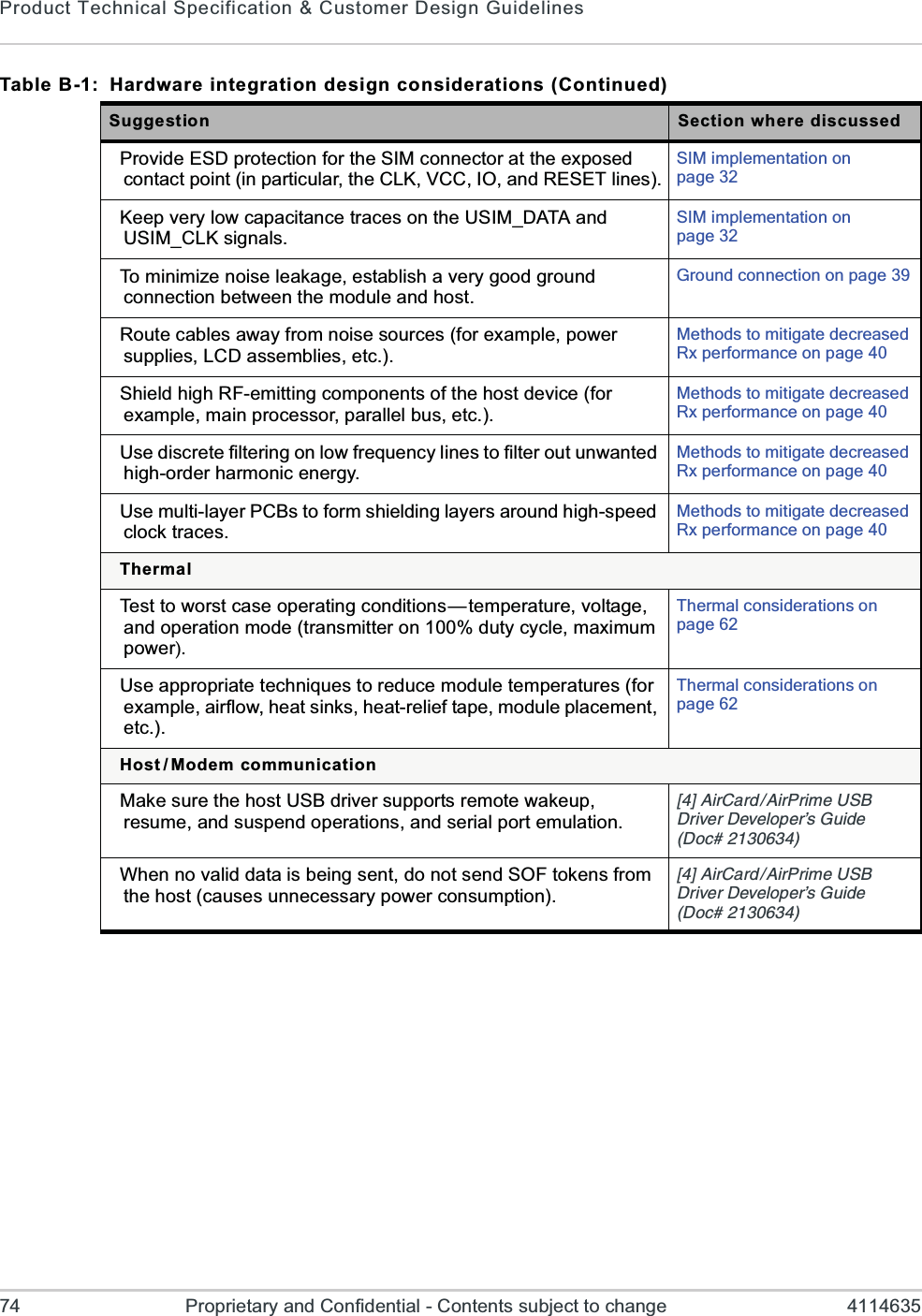 Product Technical Specification &amp; Customer Design Guidelines74 Proprietary and Confidential - Contents subject to change 4114635Provide ESD protection for the SIM connector at the exposed contact point (in particular, the CLK, VCC, IO, and RESET lines).SIM implementation on page 32Keep very low capacitance traces on the USIM_DATA and USIM_CLK signals.SIM implementation on page 32To minimize noise leakage, establish a very good ground connection between the module and host.Ground connection on page 39Route cables away from noise sources (for example, power supplies, LCD assemblies, etc.).Methods to mitigate decreased Rx performance on page 40Shield high RF-emitting components of the host device (for example, main processor, parallel bus, etc.).Methods to mitigate decreased Rx performance on page 40Use discrete filtering on low frequency lines to filter out unwanted high-order harmonic energy.Methods to mitigate decreased Rx performance on page 40Use multi-layer PCBs to form shielding layers around high-speed clock traces.Methods to mitigate decreased Rx performance on page 40ThermalTest to worst case operating conditions—temperature, voltage, and operation mode (transmitter on 100% duty cycle, maximum power).Thermal considerations on page 62Use appropriate techniques to reduce module temperatures (for example, airflow, heat sinks, heat-relief tape, module placement, etc.).Thermal considerations on page 62Host / Modem communicationMake sure the host USB driver supports remote wakeup, resume, and suspend operations, and serial port emulation.?A%MV&apos;EVH%MV4VMQI97&amp;(VMZIV(IZIPSTIVvW+YMHI(SGWhen no valid data is being sent, do not send SOF tokens from the host (causes unnecessary power consumption).?A%MV&apos;EVH%MV4VMQI97&amp;(VMZIV(IZIPSTIVvW+YMHI(SGTable B-1:  Hardware integration design considerations (Continued)Suggestion Section where discussed