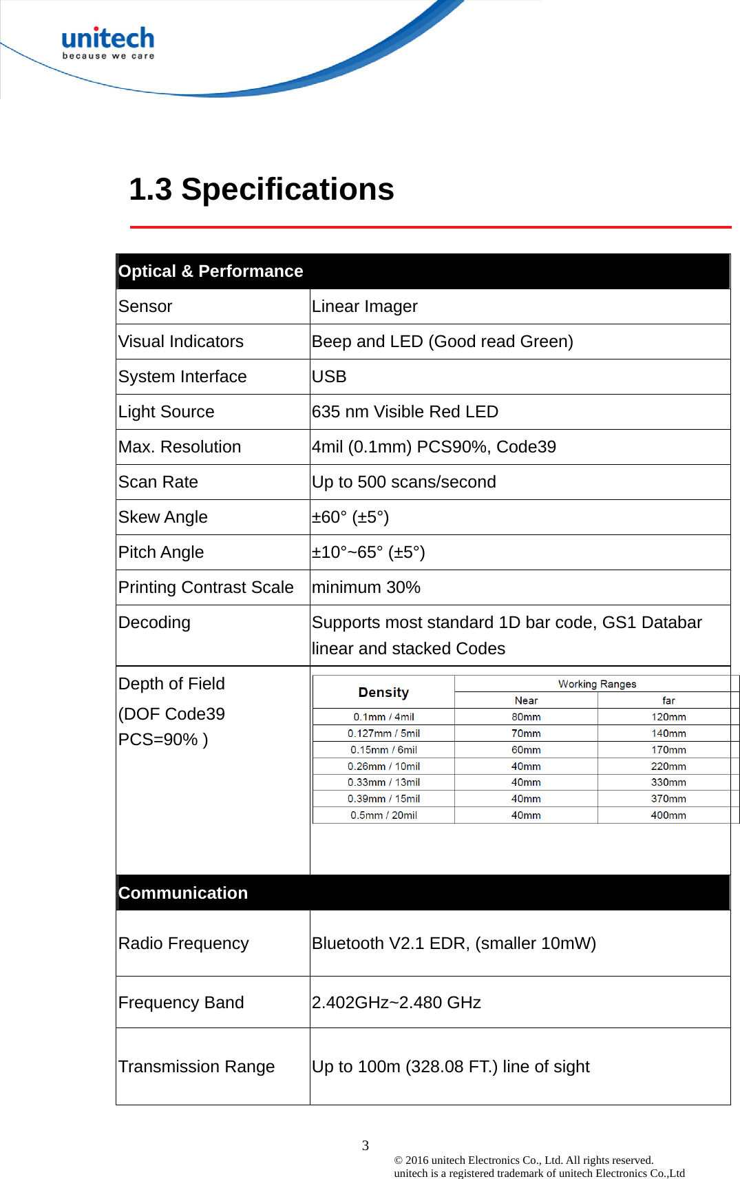  3© 2016 unitech Electronics Co., Ltd. All rights reserved.   unitech is a registered trademark of unitech Electronics Co.,Ltd 1.3 Specifications  Optical &amp; Performance Sensor Linear Imager Visual Indicators  Beep and LED (Good read Green) System Interface  USB Light Source  635 nm Visible Red LED   Max. Resolution  4mil (0.1mm) PCS90%, Code39 Scan Rate  Up to 500 scans/second Skew Angle  ±60° (±5°) Pitch Angle  ±10°~65° (±5°) Printing Contrast Scale  minimum 30% Decoding  Supports most standard 1D bar code, GS1 Databar linear and stacked Codes Depth of Field (DOF Code39 PCS=90% )  Communication Radio Frequency  Bluetooth V2.1 EDR, (smaller 10mW) Frequency Band  2.402GHz~2.480 GHz Transmission Range  Up to 100m (328.08 FT.) line of sight 