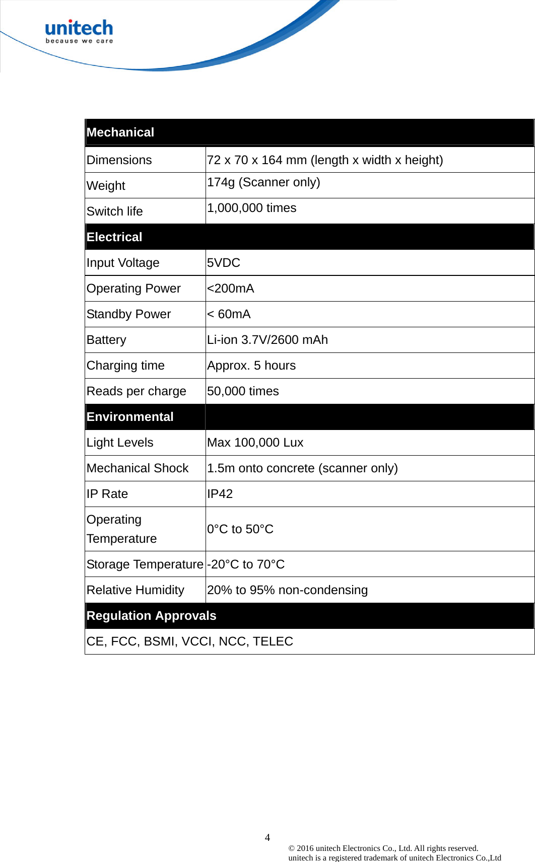  4© 2016 unitech Electronics Co., Ltd. All rights reserved.   unitech is a registered trademark of unitech Electronics Co.,Ltd Mechanical Dimensions  72 x 70 x 164 mm (length x width x height) Weight  174g (Scanner only) Switch life  1,000,000 times Electrical Input Voltage  5VDC Operating Power  &lt;200mA Standby Power  &lt; 60mA Battery  Li-ion 3.7V/2600 mAh Charging time  Approx. 5 hours Reads per charge  50,000 times Environmental   Light Levels  Max 100,000 Lux Mechanical Shock  1.5m onto concrete (scanner only) IP Rate  IP42 Operating Temperature  0°C to 50°C Storage Temperature -20°C to 70°C Relative Humidity  20% to 95% non-condensing Regulation Approvals CE, FCC, BSMI, VCCI, NCC, TELEC 