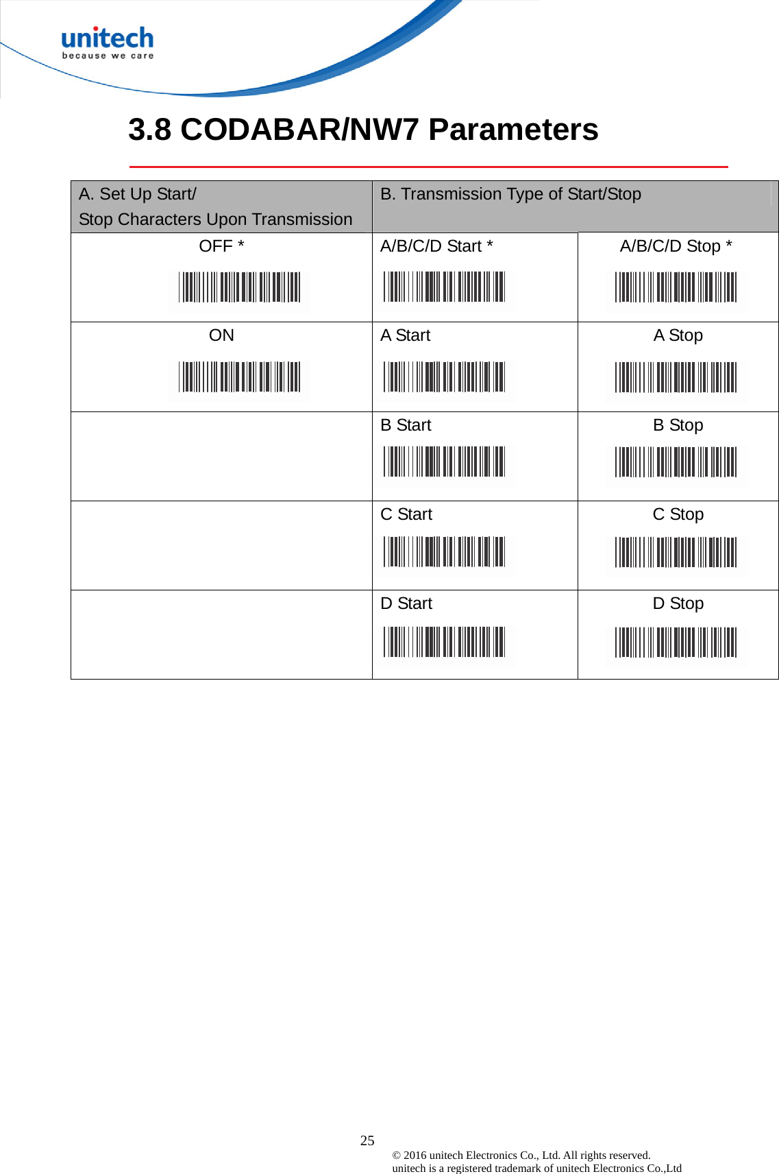  25 © 2016 unitech Electronics Co., Ltd. All rights reserved.   unitech is a registered trademark of unitech Electronics Co.,Ltd 3.8 CODABAR/NW7 Parameters  A. Set Up Start/ Stop Characters Upon Transmission B. Transmission Type of Start/Stop OFF *  A/B/C/D Start *  A/B/C/D Stop * ON   A Start   A Stop   B Start    B Stop   C Start    C Stop   D Start    D Stop 