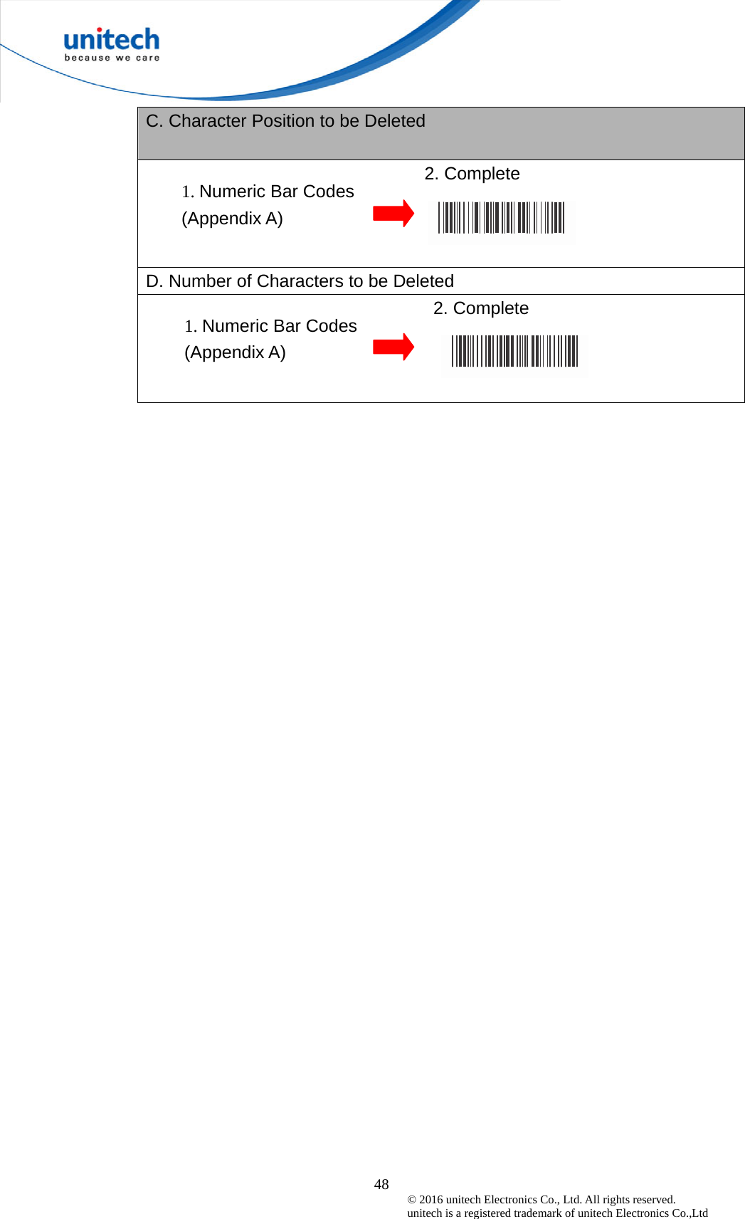  48 © 2016 unitech Electronics Co., Ltd. All rights reserved.   unitech is a registered trademark of unitech Electronics Co.,Ltd C. Character Position to be Deleted        2. Complete    D. Number of Characters to be Deleted          2. Complete    1. Numeric Bar Codes (Appendix A) 1. Numeric Bar Codes (Appendix A) 