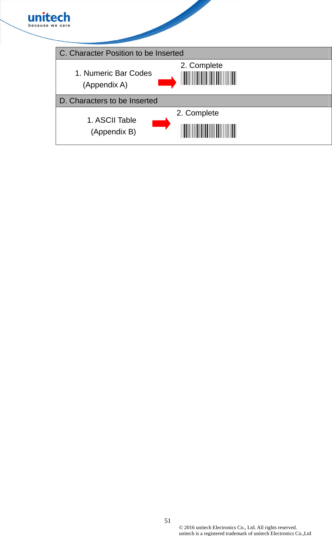  51 © 2016 unitech Electronics Co., Ltd. All rights reserved.   unitech is a registered trademark of unitech Electronics Co.,Ltd C. Character Position to be Inserted     2. Complete   D. Characters to be Inserted                               2. Complete    1. ASCII Table (Appendix B) 1. Numeric Bar Codes (Appendix A) 