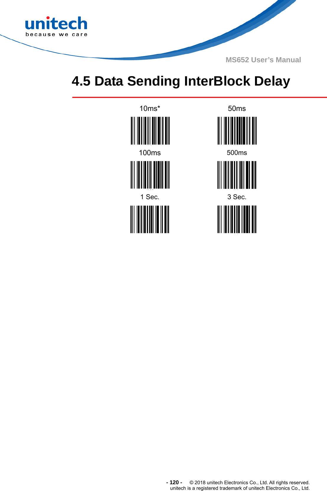  - 120 -  © 2018 unitech Electronics Co., Ltd. All rights reserved. unitech is a registered trademark of unitech Electronics Co., Ltd. MS652 User’s Manual 4.5 Data Sending InterBlock Delay  10ms*  50ms  100ms  500ms  1 Sec.  3 Sec.    