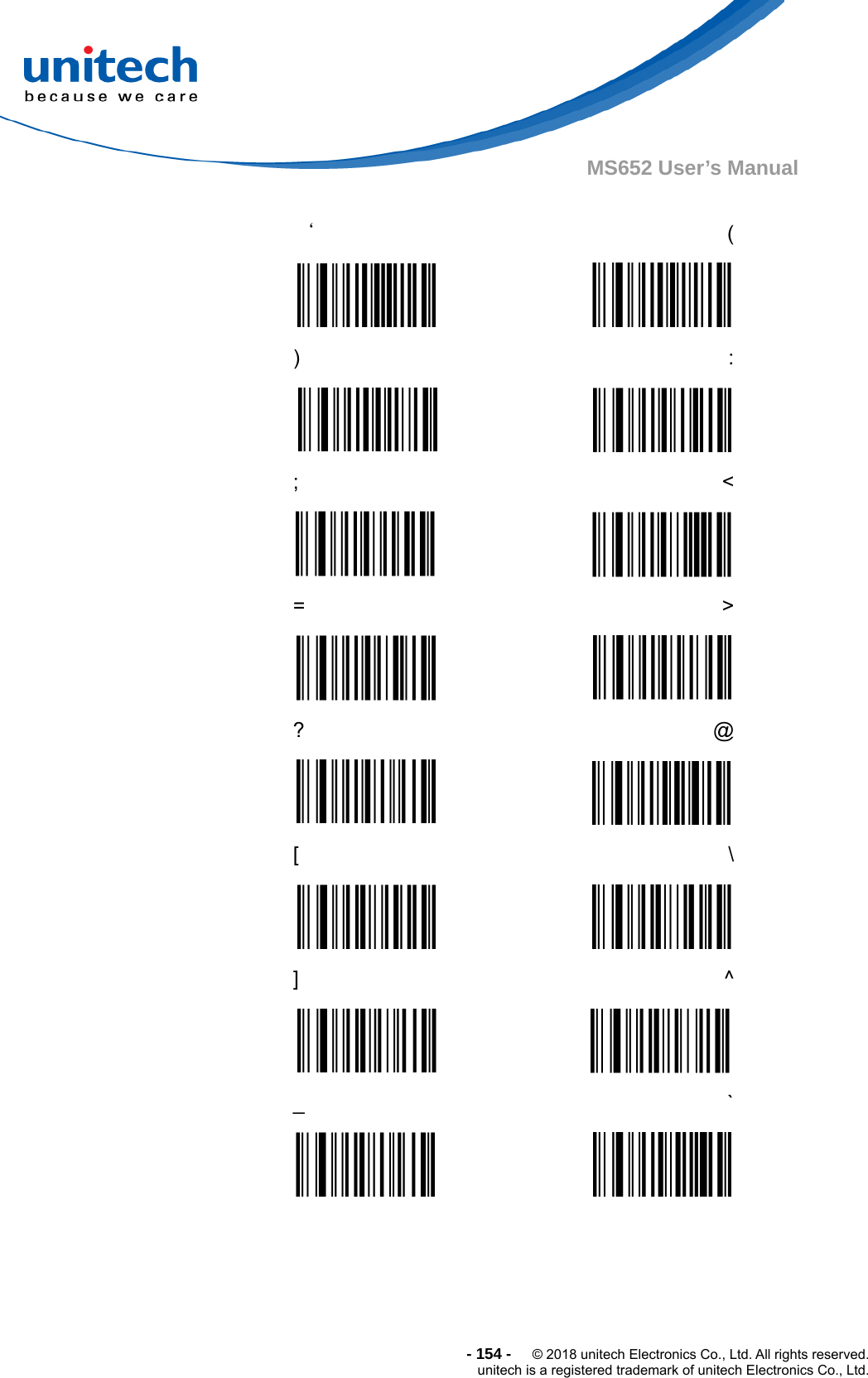  - 154 -  © 2018 unitech Electronics Co., Ltd. All rights reserved. unitech is a registered trademark of unitech Electronics Co., Ltd. MS652 User’s Manual    ‘  (  )  :  ;  &lt;  =  &gt;  ?  @  [  \  ]  ^  _  `   