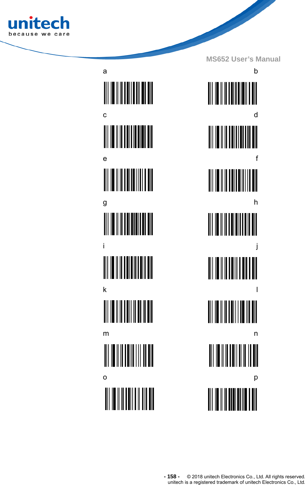  - 158 -  © 2018 unitech Electronics Co., Ltd. All rights reserved. unitech is a registered trademark of unitech Electronics Co., Ltd. MS652 User’s Manual   a  b  c  d  e  f  g  h  i  j  k  l  m  n  o  p  