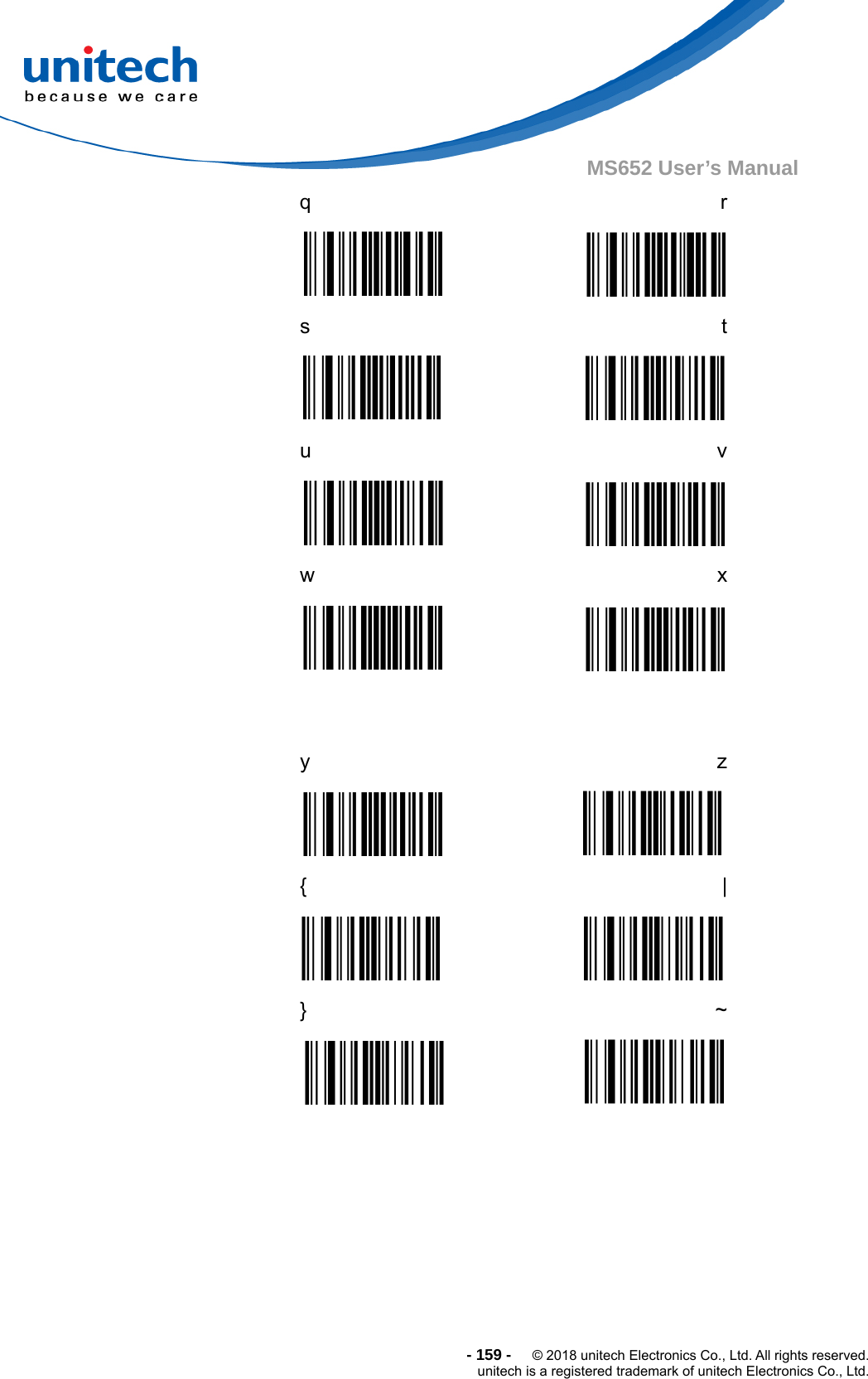  - 159 -  © 2018 unitech Electronics Co., Ltd. All rights reserved. unitech is a registered trademark of unitech Electronics Co., Ltd. MS652 User’s Manual   q  r  s  t  u  v  w   x    y  z  {  |  }  ~  