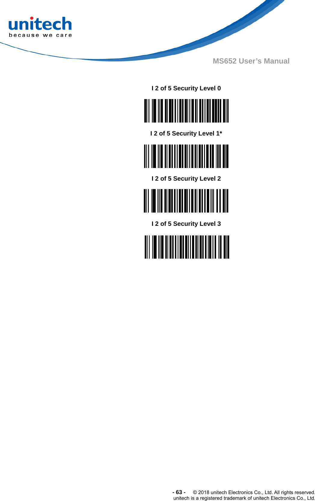  -63-  © 2018 unitech Electronics Co., Ltd. All rights reserved. unitech is a registered trademark of unitech Electronics Co., Ltd. MS652 User’s Manual                                      I 2 of 5 Security Level 0  I 2 of 5 Security Level 1*  I 2 of 5 Security Level 2  I 2 of 5 Security Level 3  