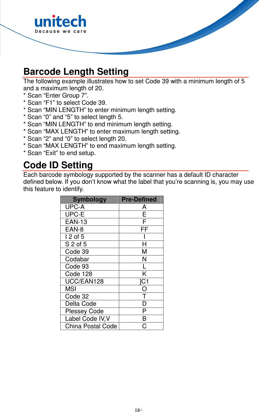  18   Barcode Length Setting The following example illustrates how to set Code 39 with a minimum length of 5 and a maximum length of 20. * Scan “Enter Group 7”. * Scan “F1” to select Code 39. * Scan “MIN LENGTH” to enter minimum length setting. * Scan “0” and “5” to select length 5. * Scan “MIN LENGTH” to end minimum length setting. * Scan “MAX LENGTH” to enter maximum length setting. * Scan “2” and “0” to select length 20. * Scan “MAX LENGTH” to end maximum length setting. * Scan “Exit” to end setup. Code ID Setting Each barcode symbology supported by the scanner has a default ID character defined below. If you don’t know what the label that you’re scanning is, you may use this feature to identify. Symbology  Pre-Defined UPC-A  A UPC-E  E EAN-13  F EAN-8  FF I 2 of 5  I S 2 of 5  H Code 39  M Codabar  N Code 93  L Code 128  K UCC/EAN128  ]C1 MSI  O Code 32  T Delta Code  D Plessey Code  P Label Code IV,V  B China Postal Code C 