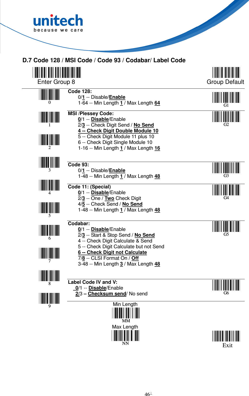  46  D.7 Code 128 / MSI Code / Code 93 / Codabar/ Label Code       Enter Group 8  Group Default Code 128:     0/1 -- Disable/Enable         1-64 -- Min Length 1 / Max Length 64 G1 MSI /Plessey Code:     0/1 -- Disable/Enable     2/3 -- Check Digit Send / No Send     4 -- Check Digit Double Module 10         5 -- Check Digit Module 11 plus 10         6 -- Check Digit Single Module 10         1-16 -- Min Length 1 / Max Length 16 G2     Code 93:     0/1 -- Disable/Enable         1-48 -- Min Length 1 / Max Length 48 G3 Code 11: (Special)     0/1 -- Disable/Enable     2/3 -- One / Two Check Digit     4/5 -- Check Send / No Send         1-48 -- Min Length 1 / Max Length 48 G4   Codabar:     0/1 -- Disable/Enable     2/3 -- Start &amp; Stop Send / No Send         4 -- Check Digit Calculate &amp; Send         5 -- Check Digit Calculate but not Send     6 -- Check Digit not Calculate     7/8 -- CLSI Format On / Off         3-48 -- Min Length 3 / Max Length 48 G5      Label Code IV and V:    0/1 -- Disable/Enable    2/3 – Checksum send/ No send G6      0       1       2       3       4       5       6       7       8       9                                     Min Length                 MM                     Max Length              NN                          Exit   