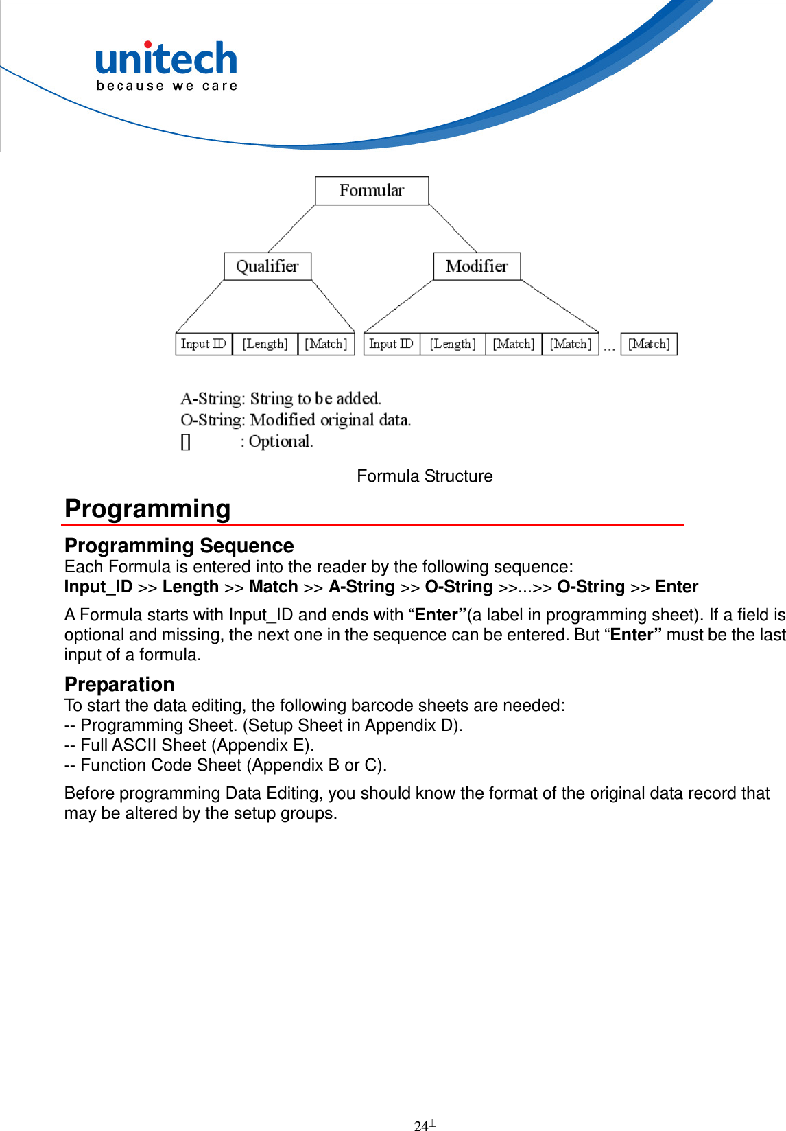  24   Formula Structure Programming Programming Sequence Each Formula is entered into the reader by the following sequence: Input_ID &gt;&gt; Length &gt;&gt; Match &gt;&gt; A-String &gt;&gt; O-String &gt;&gt;...&gt;&gt; O-String &gt;&gt; Enter A Formula starts with Input_ID and ends with “Enter”(a label in programming sheet). If a field is optional and missing, the next one in the sequence can be entered. But “Enter” must be the last input of a formula. Preparation To start the data editing, the following barcode sheets are needed: -- Programming Sheet. (Setup Sheet in Appendix D). -- Full ASCII Sheet (Appendix E). -- Function Code Sheet (Appendix B or C). Before programming Data Editing, you should know the format of the original data record that may be altered by the setup groups.