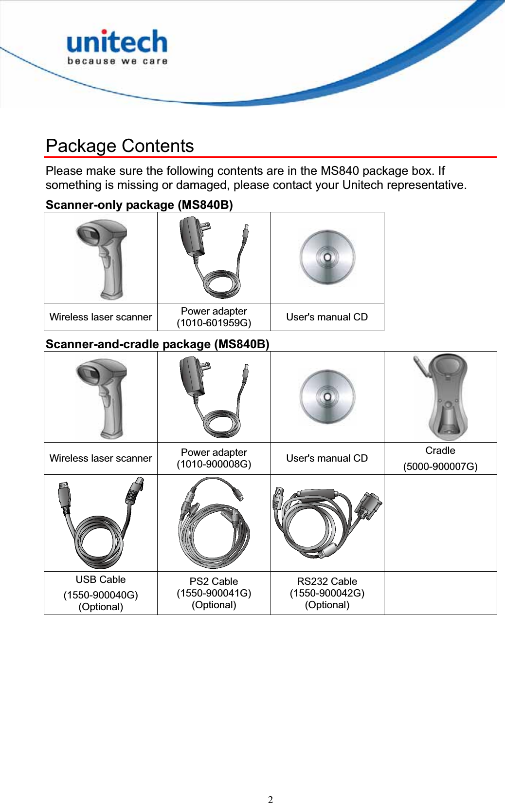 2Package Contents Please make sure the following contents are in the MS840 package box. If something is missing or damaged, please contact your Unitech representative. Scanner-only package (MS840B) Wireless laser scanner  Power adapter (1010-601959G)  User&apos;s manual CD Scanner-and-cradle package (MS840B) Wireless laser scanner  Power adapter (1010-900008G)  User&apos;s manual CD  Cradle (5000-900007G) USB Cable (1550-900040G) (Optional) PS2 Cable (1550-900041G) (Optional)RS232 Cable (1550-900042G) (Optional)