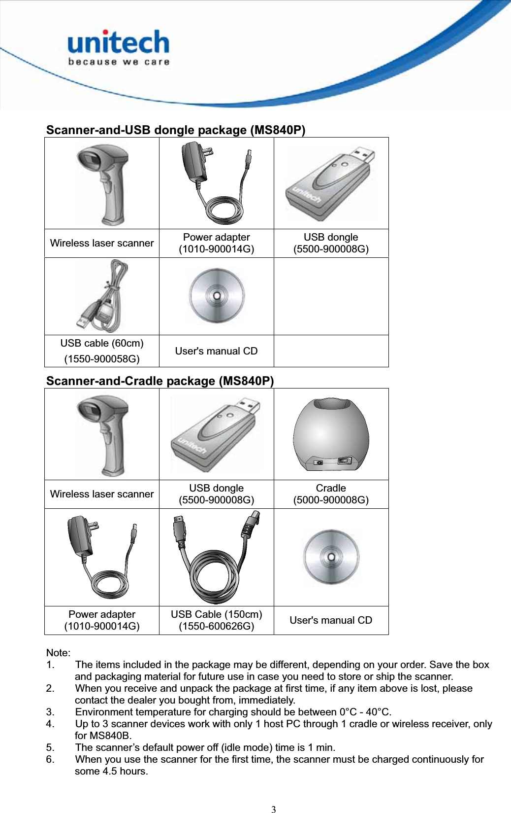3Scanner-and-USB dongle package (MS840P) Wireless laser scanner  Power adapter (1010-900014G) USB dongle (5500-900008G) USB cable (60cm) (1550-900058G)  User&apos;s manual CD Scanner-and-Cradle package (MS840P) Wireless laser scanner  USB dongle (5500-900008G) Cradle(5000-900008G) Power adapter (1010-900014G) USB Cable (150cm) (1550-600626G)  User&apos;s manual CDNote:1.  The items included in the package may be different, depending on your order. Save the box and packaging material for future use in case you need to store or ship the scanner. 2.  When you receive and unpack the package at first time, if any item above is lost, please contact the dealer you bought from, immediately. 3.  Environment temperature for charging should be between 0°C - 40°C. 4.  Up to 3 scanner devices work with only 1 host PC through 1 cradle or wireless receiver, only for MS840B. 5.  The scanner’s default power off (idle mode) time is 1 min. 6.  When you use the scanner for the first time, the scanner must be charged continuously for some 4.5 hours. 