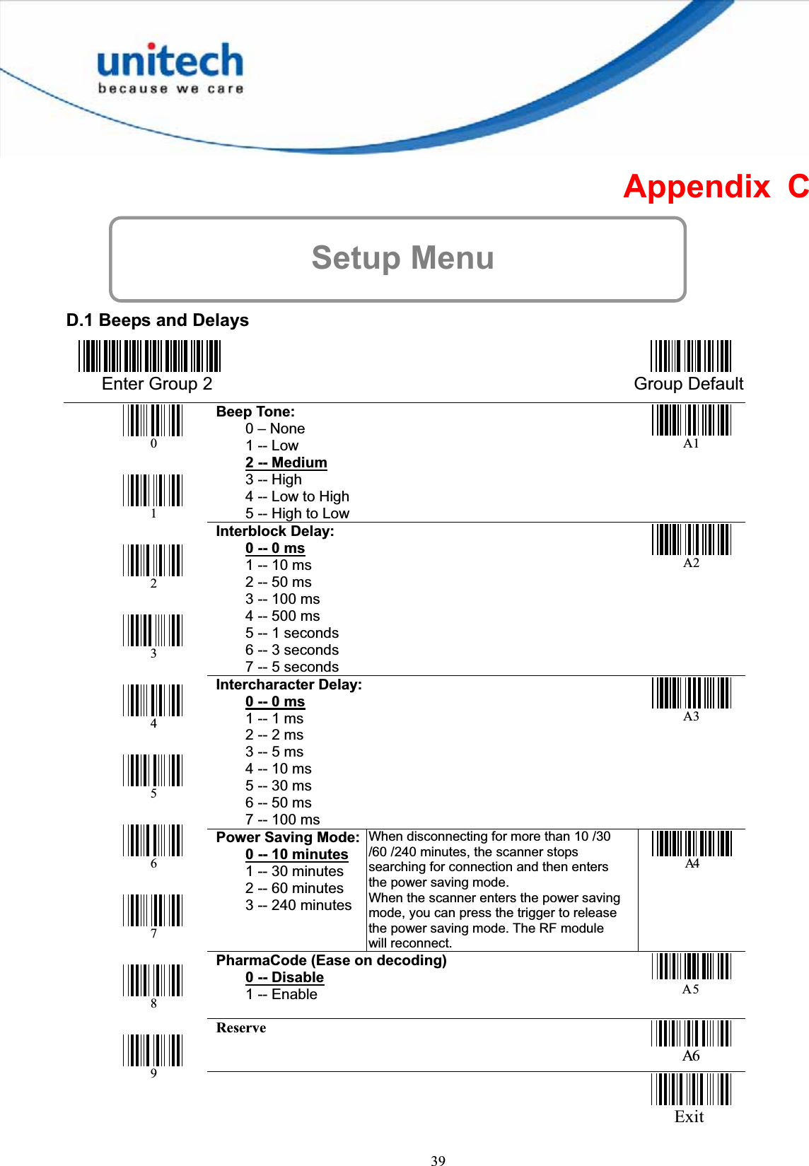 39Appendix C Setup Menu D.1 Beeps and Delays Enter Group 2  Group DefaultBeep Tone:     0 – None     1 -- Low 2 -- Medium    3 -- High     4 -- Low to High     5 -- High to Low A1Interblock Delay: 0 -- 0 ms    1 -- 10 ms     2 -- 50 ms     3 -- 100 ms     4 -- 500 ms     5 -- 1 seconds     6 -- 3 seconds     7 -- 5 secondsA2Intercharacter Delay:0 -- 0 ms    1 -- 1 ms     2 -- 2 ms     3 -- 5 ms     4 -- 10 ms     5 -- 30 ms     6 -- 50 ms     7 -- 100 ms A 3Power Saving Mode:0 -- 10 minutes    1 -- 30 minutes     2 -- 60 minutes     3 -- 240 minutesWhen disconnecting for more than 10 /30 /60 /240 minutes, the scanner stops searching for connection and then enters the power saving mode. When the scanner enters the power saving mode, you can press the trigger to release the power saving mode. The RF module will reconnect.A4PharmaCode (Ease on decoding) 0 -- Disable    1 -- EnableA5ReserveA60123456789     Exit