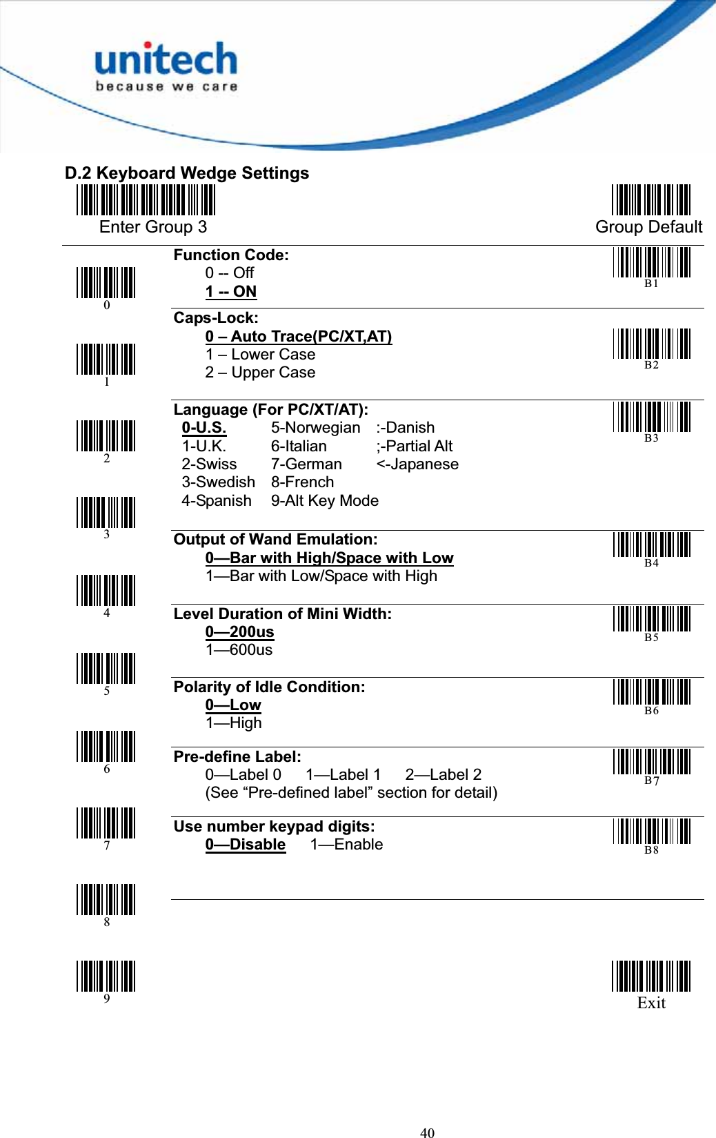 40D.2 Keyboard Wedge Settings Enter Group 3  Group Default Function Code:    0 -- Off 1 -- ONB 1 Caps-Lock:0 – Auto Trace(PC/XT,AT)    1 – Lower Case     2 – Upper CaseB 2 Language (For PC/XT/AT):0-U.S. 5-Norwegian :-Danish 1-U.K. 6-Italian  ;-Partial Alt 2-Swiss 7-German &lt;-Japanese3-Swedish 8-French 4-Spanish 9-Alt Key Mode B 3 Output of Wand Emulation: 0—Bar with High/Space with Low    1—Bar with Low/Space with HighB 4 Level Duration of Mini Width: 0—200us    1—600us B 5 Polarity of Idle Condition: 0—Low    1—High B 6 Pre-define Label:     0—Label 0   1—Label 1   2—Label 2     (See “Pre-defined label” section for detail)B7Use number keypad digits: 0—Disable   1—Enable B 8 0123456789         Exit 