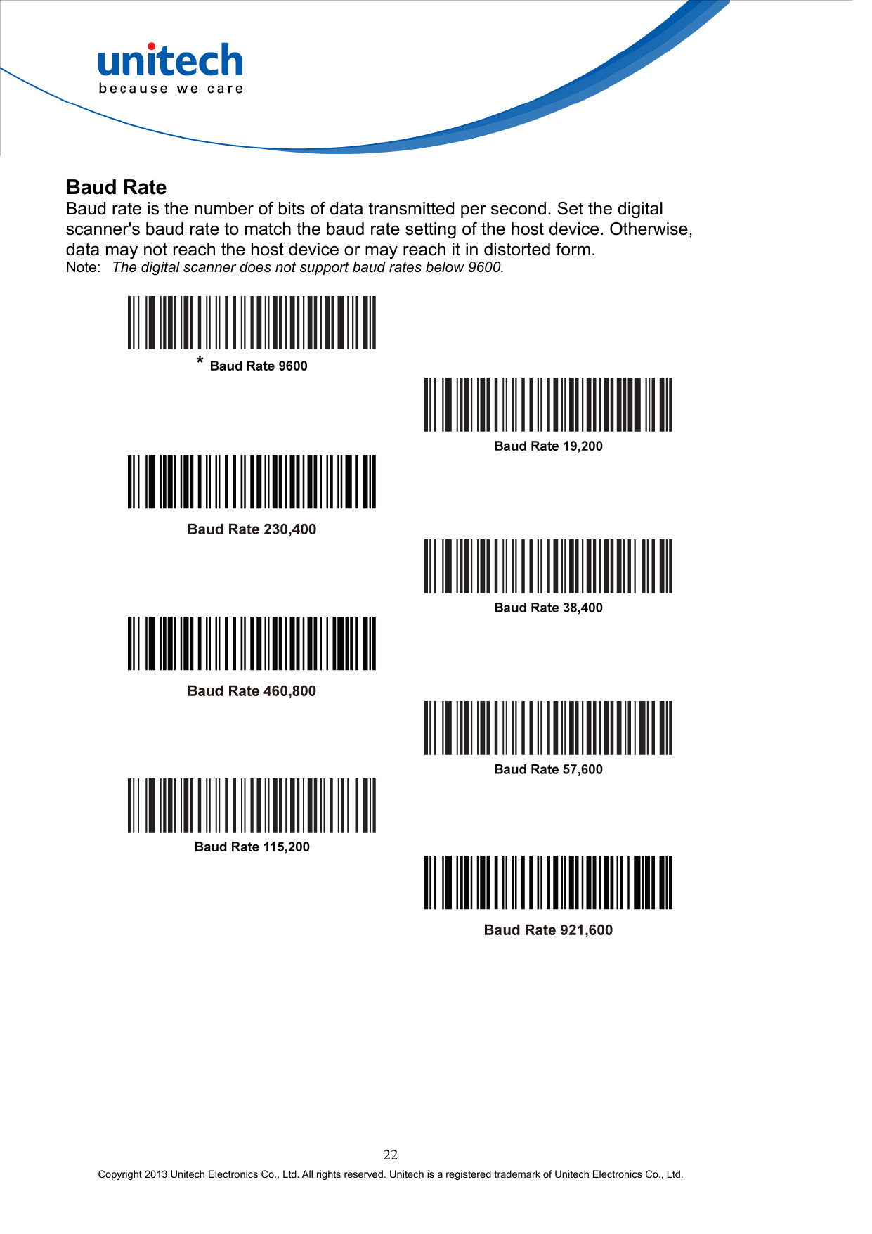  Baud Rate Baud rate is the number of bits of data transmitted per second. Set the digital scanner&apos;s baud rate to match the baud rate setting of the host device. Otherwise, data may not reach the host device or may reach it in distorted form. Note:  The digital scanner does not support baud rates below 9600.                   22 Copyright 2013 Unitech Electronics Co., Ltd. All rights reserved. Unitech is a registered trademark of Unitech Electronics Co., Ltd. 