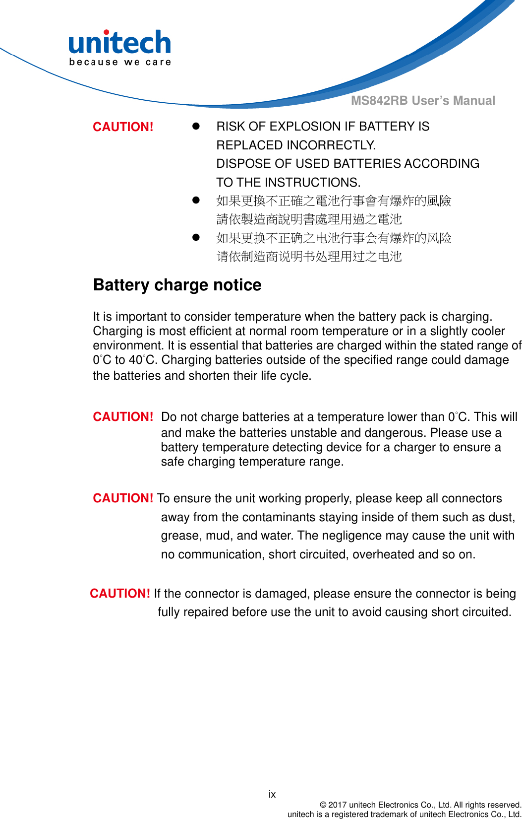                                          ix  © 2017 unitech Electronics Co., Ltd. All rights reserved.   unitech is a registered trademark of unitech Electronics Co., Ltd. MS842RB User’s Manual   RISK OF EXPLOSION IF BATTERY IS REPLACED INCORRECTLY.   DISPOSE OF USED BATTERIES ACCORDING TO THE INSTRUCTIONS.  如果更換不正確之電池行事會有爆炸的風險 請依製造商說明書處理用過之電池 CAUTION!  如果更换不正确之电池行事会有爆炸的风险 请依制造商说明书处理用过之电池 Battery charge notice It is important to consider temperature when the battery pack is charging. Charging is most efficient at normal room temperature or in a slightly cooler environment. It is essential that batteries are charged within the stated range of 0°C to 40°C. Charging batteries outside of the specified range could damage the batteries and shorten their life cycle.  CAUTION!  Do not charge batteries at a temperature lower than 0°C. This will and make the batteries unstable and dangerous. Please use a battery temperature detecting device for a charger to ensure a safe charging temperature range.  CAUTION! To ensure the unit working properly, please keep all connectors away from the contaminants staying inside of them such as dust, grease, mud, and water. The negligence may cause the unit with no communication, short circuited, overheated and so on.  CAUTION! If the connector is damaged, please ensure the connector is being fully repaired before use the unit to avoid causing short circuited.  