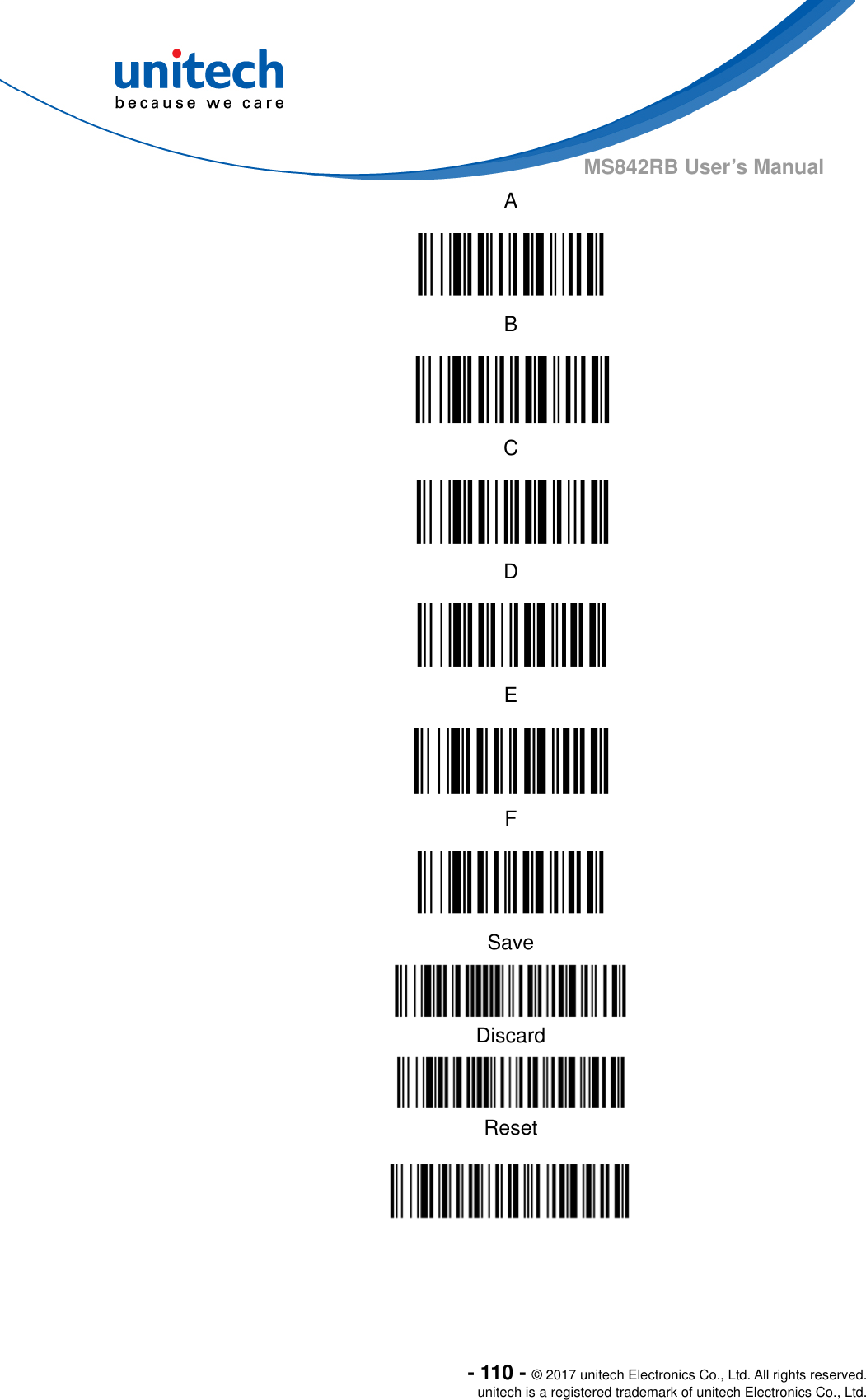  - 110 - © 2017 unitech Electronics Co., Ltd. All rights reserved. unitech is a registered trademark of unitech Electronics Co., Ltd. MS842RB User’s Manual   A  B  C  D  E  F  Save Discard  Reset   