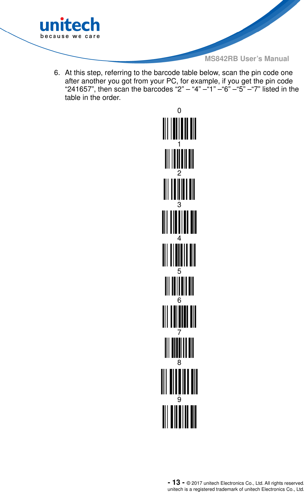  - 13 - © 2017 unitech Electronics Co., Ltd. All rights reserved. unitech is a registered trademark of unitech Electronics Co., Ltd. MS842RB User’s Manual 6.  At this step, referring to the barcode table below, scan the pin code one after another you got from your PC, for example, if you get the pin code “241657”, then scan the barcodes “2” – “4” –“1” –“6” –“5” –“7” listed in the table in the order.          0  1  2  3  4  5  6  7  8  9 