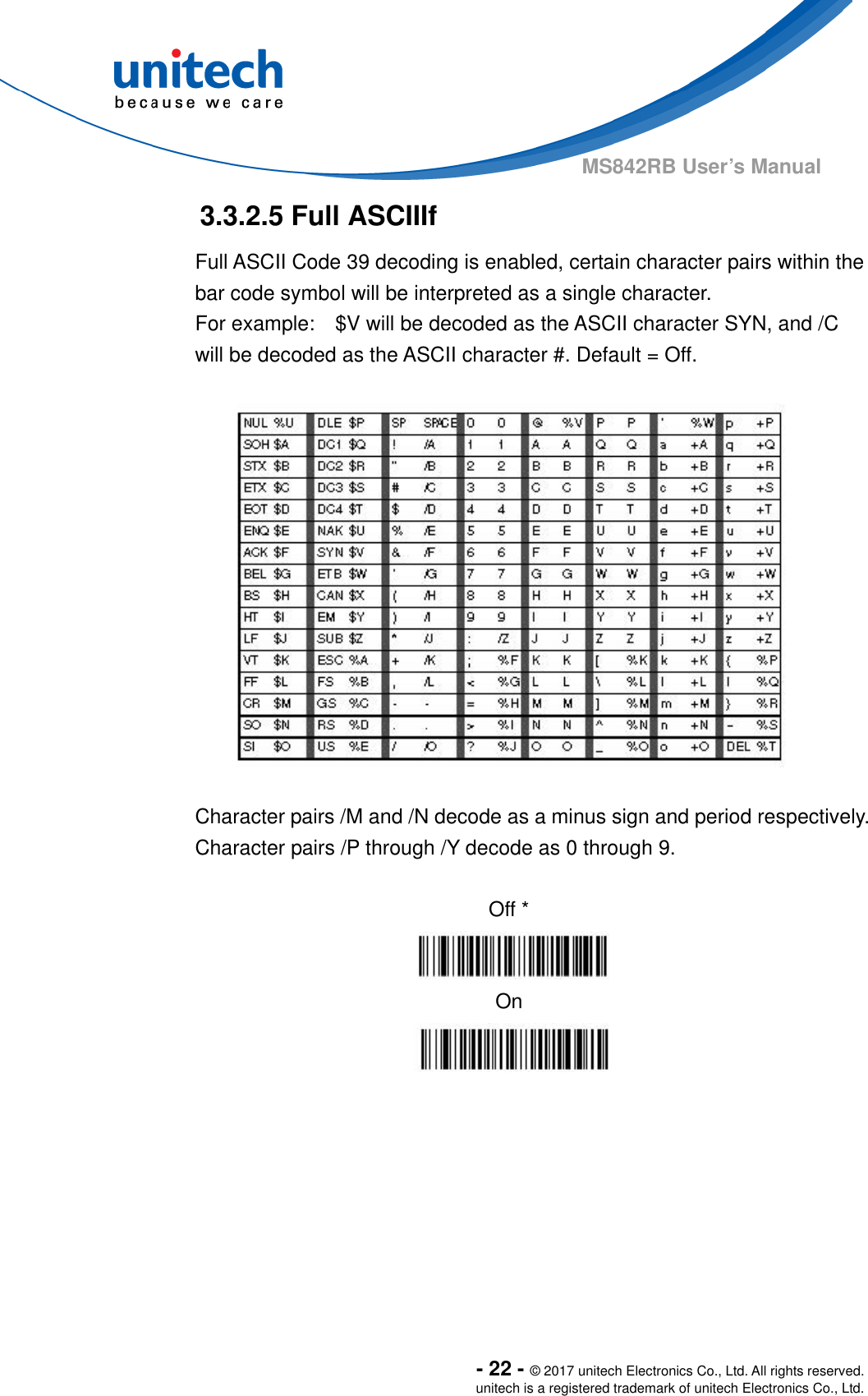  - 22 - © 2017 unitech Electronics Co., Ltd. All rights reserved. unitech is a registered trademark of unitech Electronics Co., Ltd. MS842RB User’s Manual  3.3.2.5 Full ASCIIIf   Full ASCII Code 39 decoding is enabled, certain character pairs within the bar code symbol will be interpreted as a single character.     For example:    $V will be decoded as the ASCII character SYN, and /C will be decoded as the ASCII character #. Default = Off.    Character pairs /M and /N decode as a minus sign and period respectively. Character pairs /P through /Y decode as 0 through 9.  Off *  On       