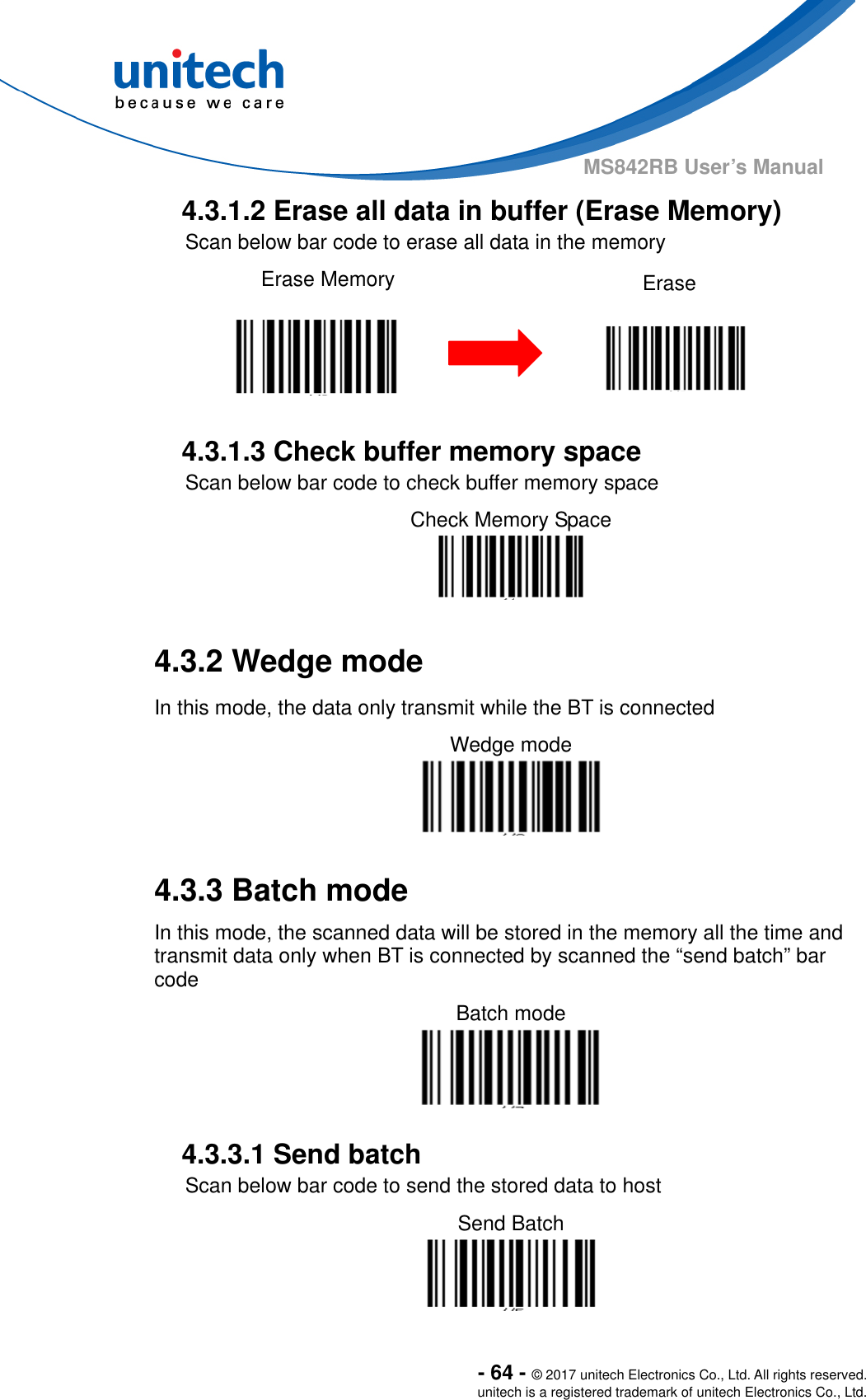  - 64 - © 2017 unitech Electronics Co., Ltd. All rights reserved. unitech is a registered trademark of unitech Electronics Co., Ltd. MS842RB User’s Manual 4.3.1.2 Erase all data in buffer (Erase Memory) Scan below bar code to erase all data in the memory Erase Memory  Erase     4.3.1.3 Check buffer memory space   Scan below bar code to check buffer memory space Check Memory Space   4.3.2 Wedge mode In this mode, the data only transmit while the BT is connected Wedge mode   4.3.3 Batch mode In this mode, the scanned data will be stored in the memory all the time and transmit data only when BT is connected by scanned the “send batch” bar code Batch mode         4.3.3.1 Send batch Scan below bar code to send the stored data to host Send Batch   