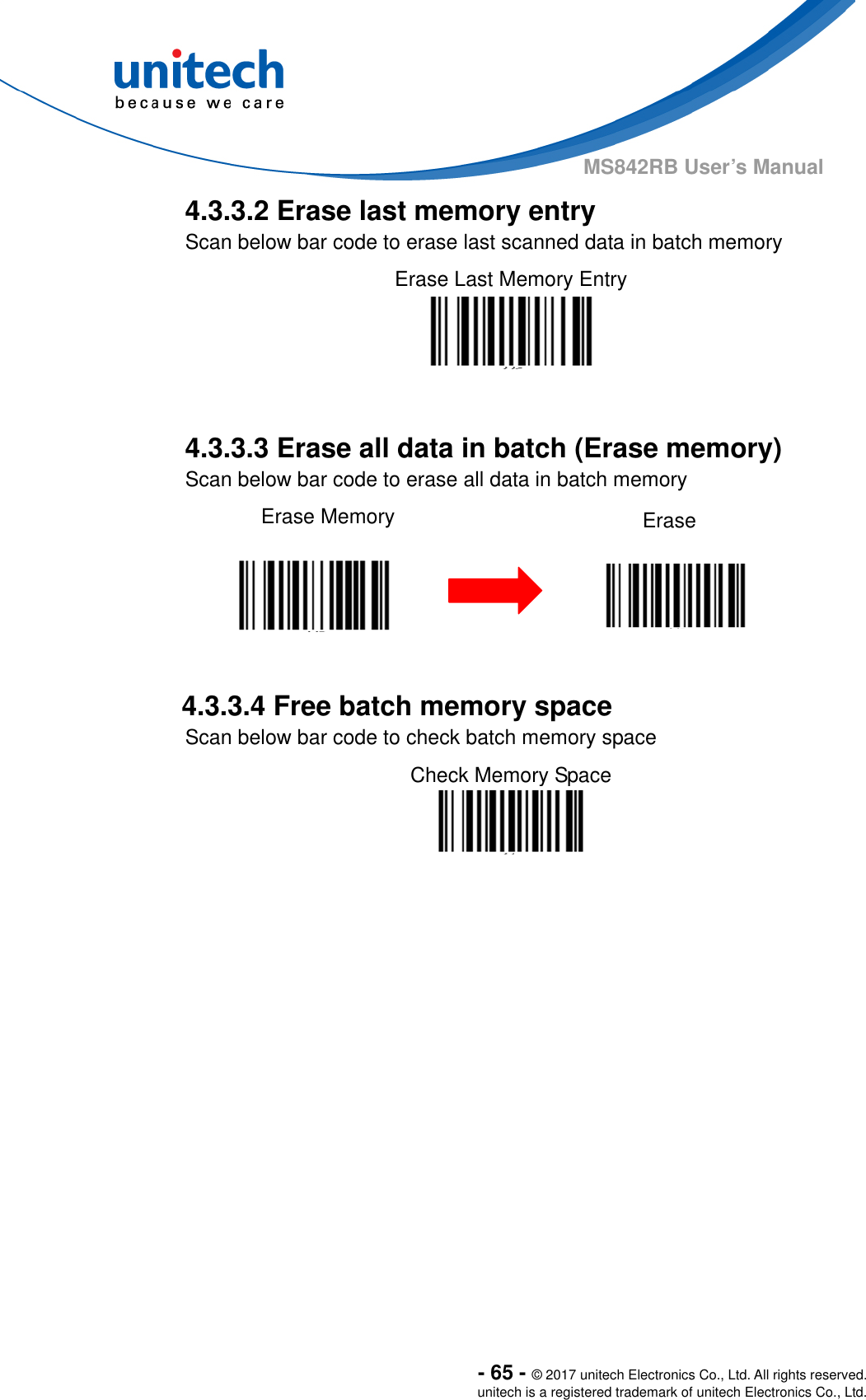  - 65 - © 2017 unitech Electronics Co., Ltd. All rights reserved. unitech is a registered trademark of unitech Electronics Co., Ltd. MS842RB User’s Manual 4.3.3.2 Erase last memory entry Scan below bar code to erase last scanned data in batch memory Erase Last Memory Entry    4.3.3.3 Erase all data in batch (Erase memory) Scan below bar code to erase all data in batch memory Erase Memory  Erase     4.3.3.4 Free batch memory space Scan below bar code to check batch memory space Check Memory Space  