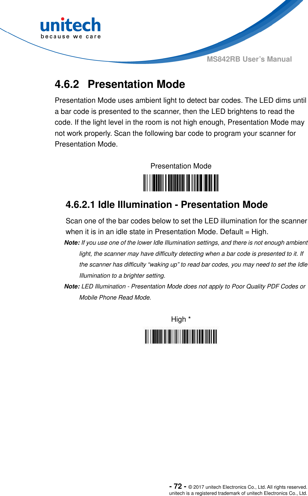  - 72 - © 2017 unitech Electronics Co., Ltd. All rights reserved. unitech is a registered trademark of unitech Electronics Co., Ltd. MS842RB User’s Manual  4.6.2  Presentation Mode Presentation Mode uses ambient light to detect bar codes. The LED dims until a bar code is presented to the scanner, then the LED brightens to read the code. If the light level in the room is not high enough, Presentation Mode may not work properly. Scan the following bar code to program your scanner for Presentation Mode.  Presentation Mode  4.6.2.1 Idle Illumination - Presentation Mode Scan one of the bar codes below to set the LED illumination for the scanner when it is in an idle state in Presentation Mode. Default = High. Note: If you use one of the lower Idle Illumination settings, and there is not enough ambient light, the scanner may have difficulty detecting when a bar code is presented to it. If the scanner has difficulty “waking up” to read bar codes, you may need to set the Idle Illumination to a brighter setting. Note: LED Illumination - Presentation Mode does not apply to Poor Quality PDF Codes or Mobile Phone Read Mode.  High *   