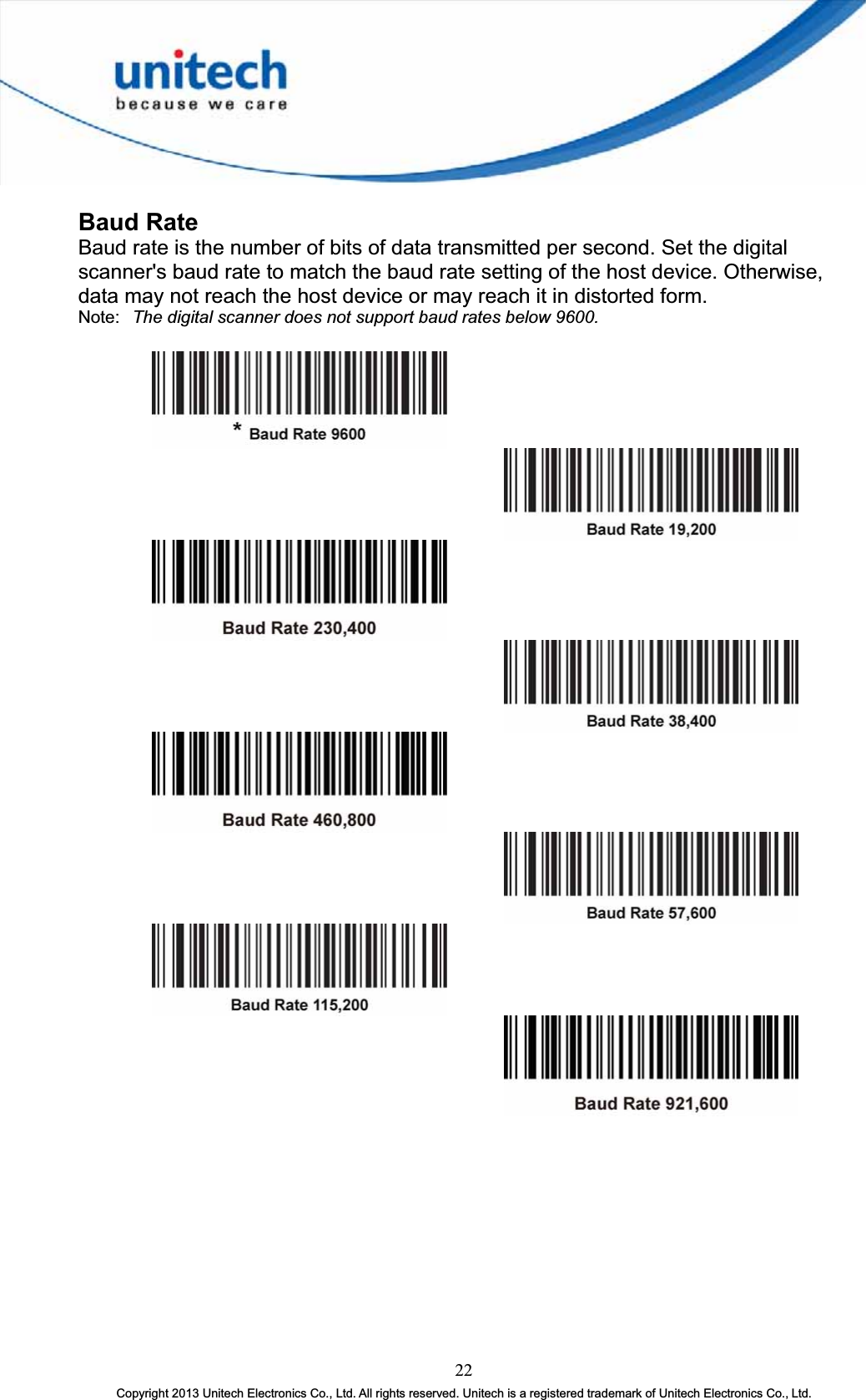 Baud Rate Baud rate is the number of bits of data transmitted per second. Set the digital scanner&apos;s baud rate to match the baud rate setting of the host device. Otherwise, data may not reach the host device or may reach it in distorted form. Note: The digital scanner does not support baud rates below 9600. 22Copyright 2013 Unitech Electronics Co., Ltd. All rights reserved. Unitech is a registered trademark of Unitech Electronics Co., Ltd. 