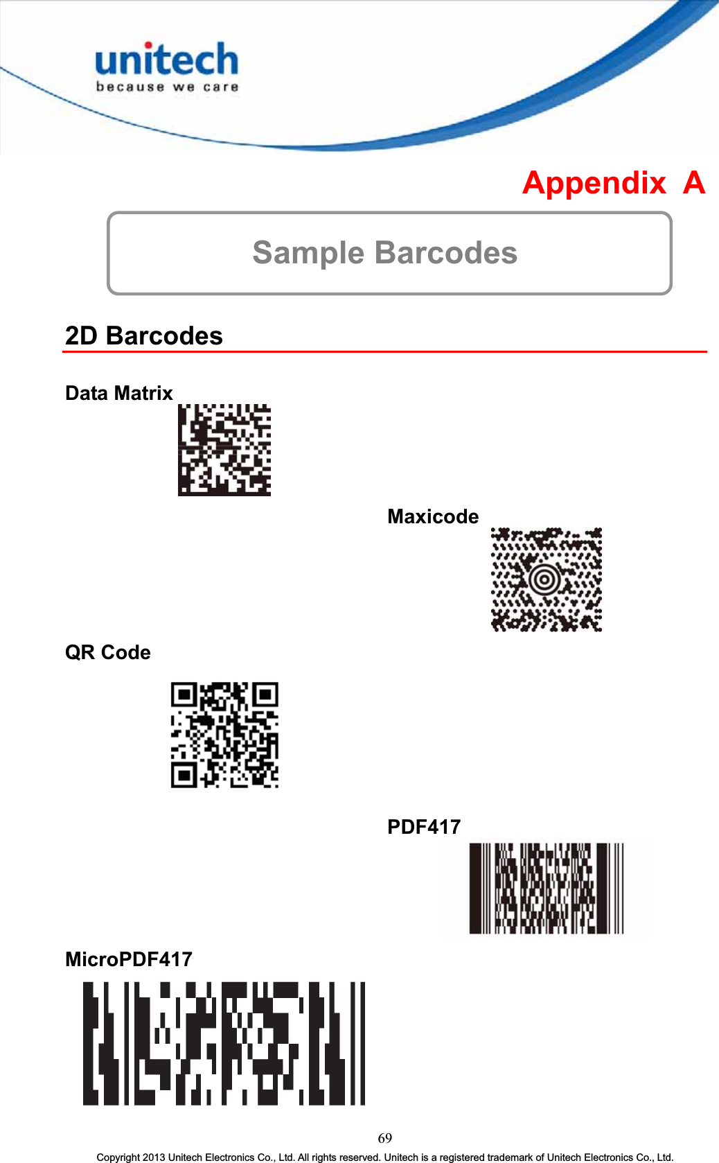 Appendix A Sample Barcodes 2D Barcodes Data Matrix MaxicodeQR Code PDF417MicroPDF41769Copyright 2013 Unitech Electronics Co., Ltd. All rights reserved. Unitech is a registered trademark of Unitech Electronics Co., Ltd. 