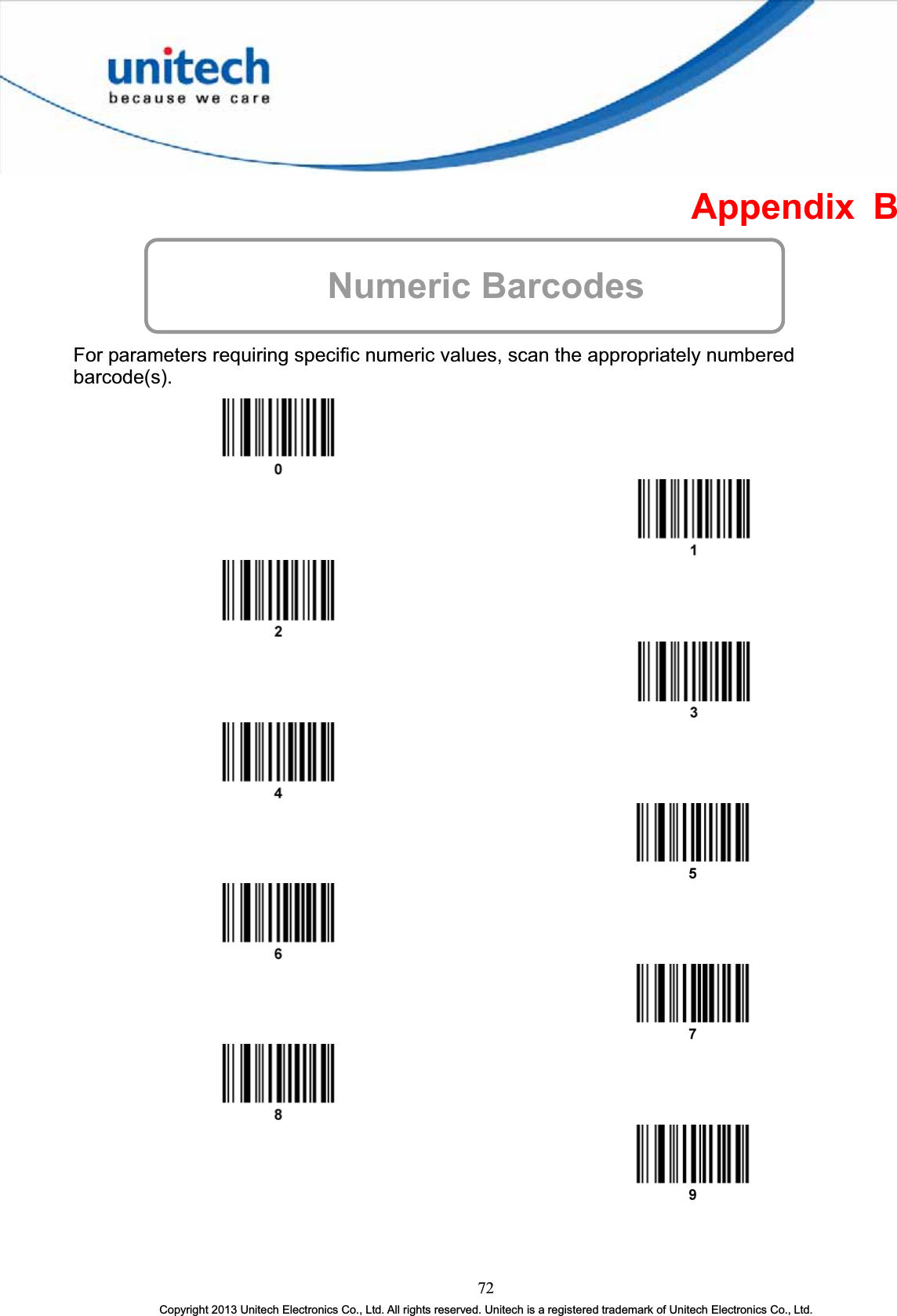 Appendix B Numeric BarcodesFor parameters requiring specific numeric values, scan the appropriately numbered barcode(s).72Copyright 2013 Unitech Electronics Co., Ltd. All rights reserved. Unitech is a registered trademark of Unitech Electronics Co., Ltd.