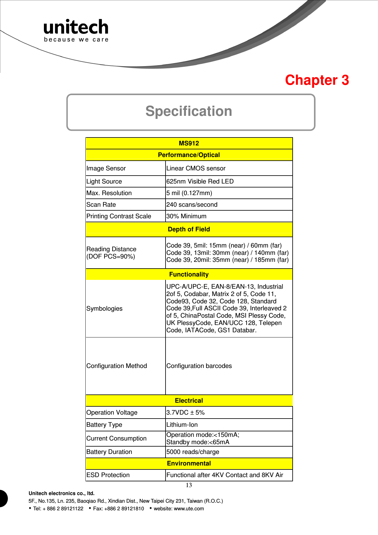  13 Unitech electronics co., ltd. 5F., No.135, Ln. 235, Baoqiao Rd., Xindian Dist., New Taipei City 231, Taiwan (R.O.C.)  Tel: + 886 2 89121122    Fax: +886 2 89121810    website: www.ute.com  Chapter 3 Specification  MS912 Performance/Optical Image Sensor  Linear CMOS sensor Light Source  625nm Visible Red LED Max. Resolution  5 mil (0.127mm) Scan Rate  240 scans/second Printing Contrast Scale  30% Minimum Depth of Field Reading Distance (DOF PCS=90%) Code 39, 5mil: 15mm (near) / 60mm (far) Code 39, 13mil: 30mm (near) / 140mm (far) Code 39, 20mil: 35mm (near) / 185mm (far) Functionality Symbologies UPC-A/UPC-E, EAN-8/EAN-13, Industrial 2of 5, Codabar, Matrix 2 of 5, Code 11, Code93, Code 32, Code 128, Standard Code 39,Full ASCII Code 39, Interleaved 2 of 5, ChinaPostal Code, MSI Plessy Code, UK PlessyCode, EAN/UCC 128, Telepen Code, IATACode, GS1 Databar. Configuration Method  Configuration barcodes Electrical Operation Voltage  3.7VDC ± 5% Battery Type  Lithium-Ion Current Consumption  Operation mode:&lt;150mA;   Standby mode:&lt;65mA Battery Duration  5000 reads/charge Environmental ESD Protection  Functional after 4KV Contact and 8KV Air 