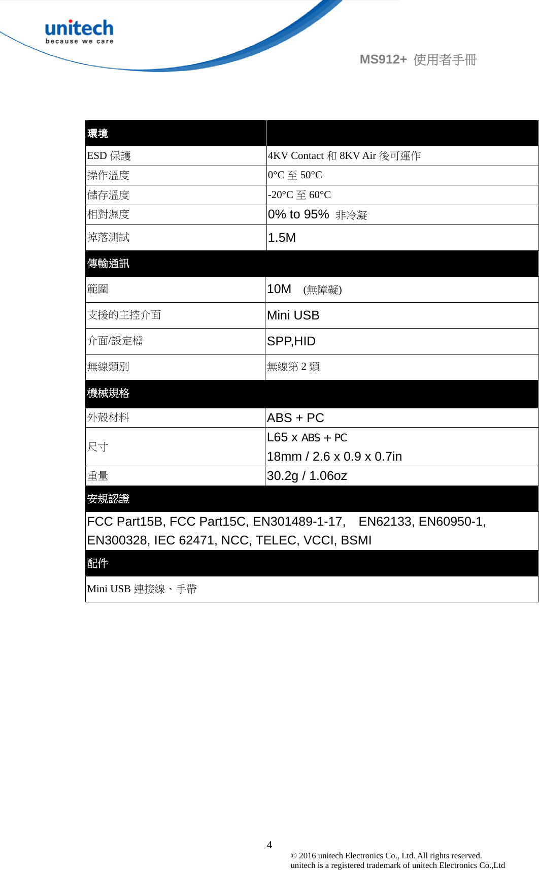                                             4© 2016 unitech Electronics Co., Ltd. All rights reserved.   unitech is a registered trademark of unitech Electronics Co.,Ltd MS912+  使用者手冊 環境  ESD 保護 4KV Contact 和8KV Air 後可運作 操作溫度 0°C 至50°C 儲存溫度 -20°C 至60°C 相對濕度 0% to 95%  非冷凝 掉落測試 1.5M 傳輸通訊 範圍 10M   (無障礙) 支援的主控介面 Mini USB 介面/設定檔 SPP,HID 無線類別 無線第 2類 機械規格 外殼材料 ABS + PC 尺寸 L65 x ABS + PC 18mm / 2.6 x 0.9 x 0.7in 重量 30.2g / 1.06oz 安規認證 FCC Part15B, FCC Part15C, EN301489-1-17,  EN62133, EN60950-1, EN300328, IEC 62471, NCC, TELEC, VCCI, BSMI 配件 Mini USB 連接線、手帶 